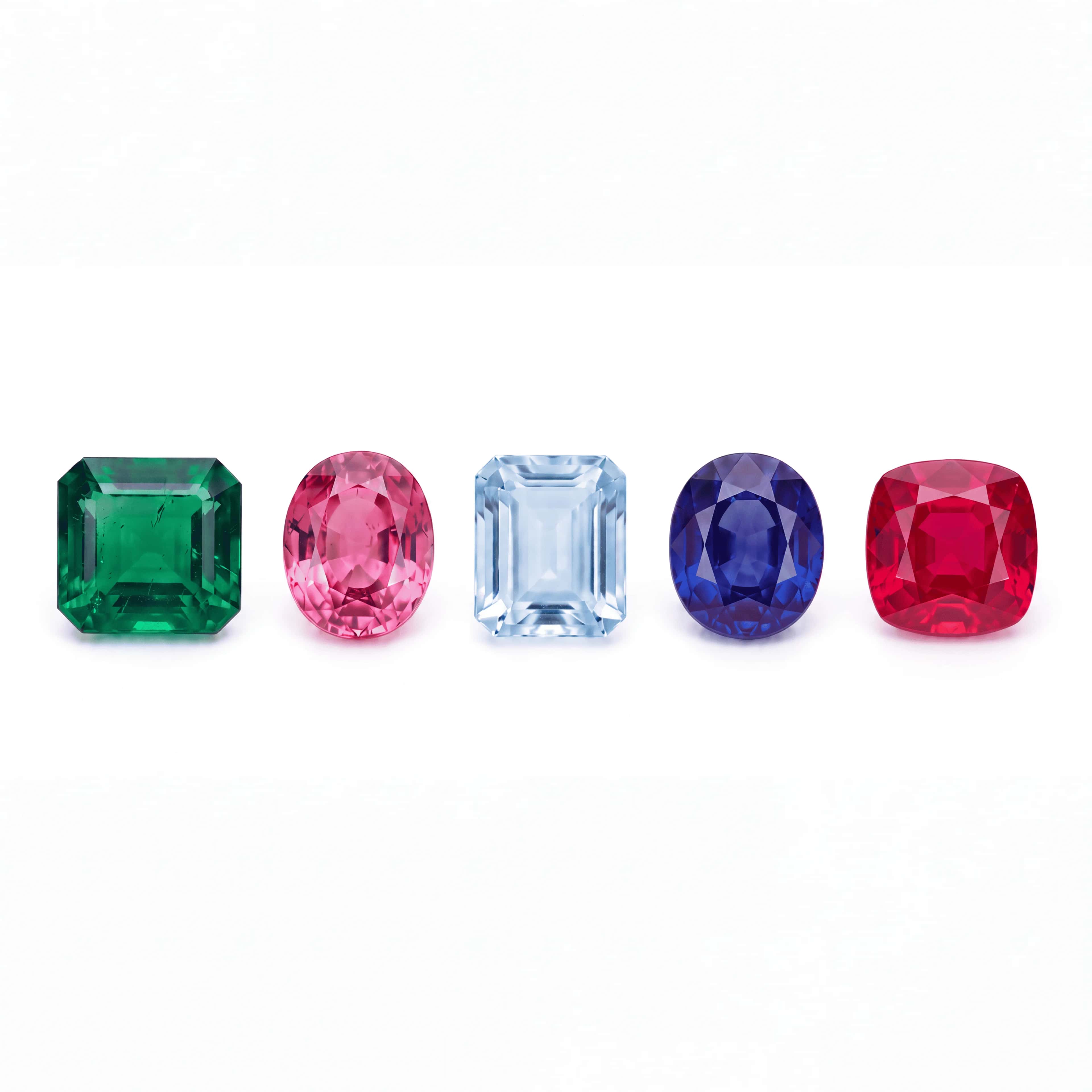 Loose emerald, pink sapphire, aquamarine, blue sapphire and ruby in a row