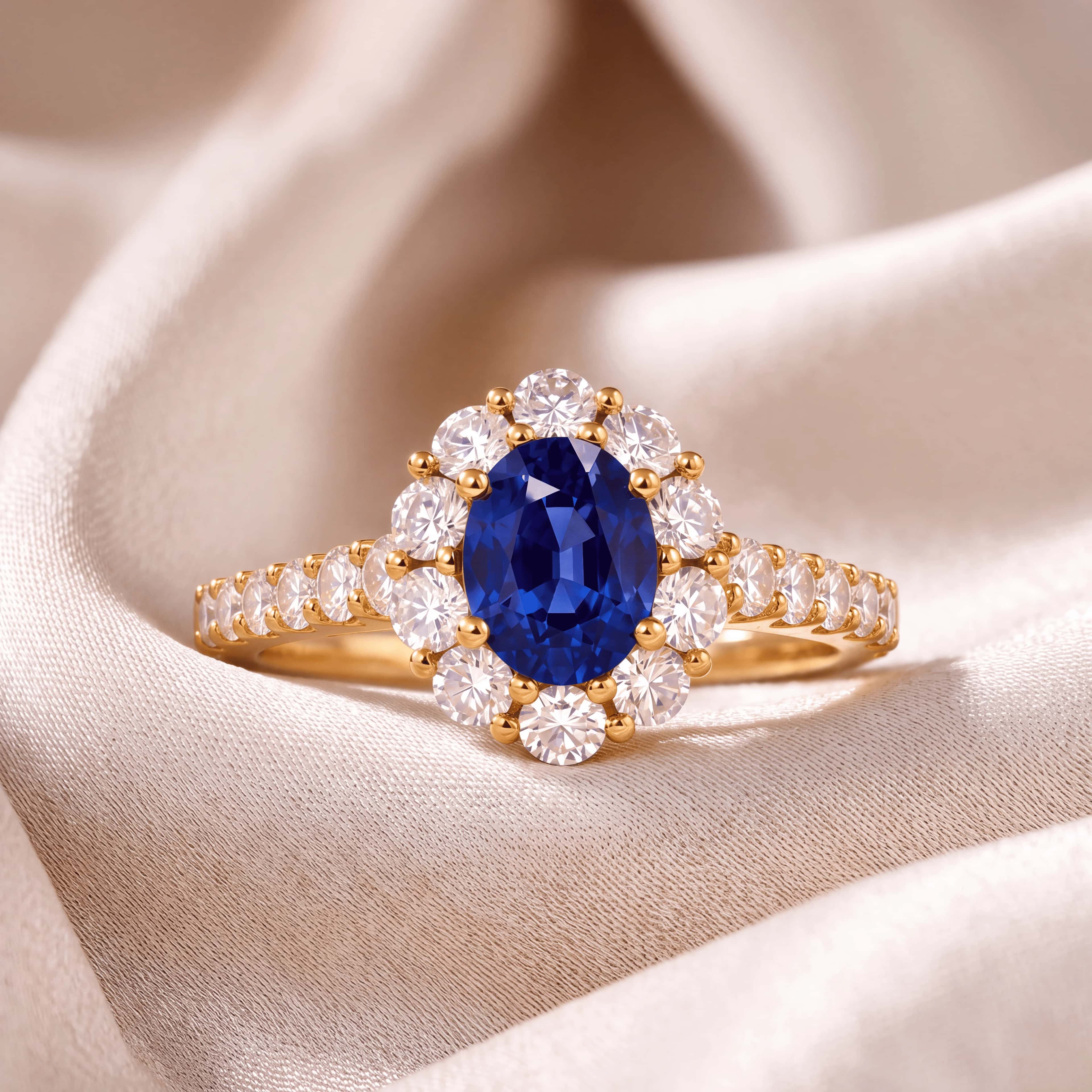 Oval blue sapphire cluster ring in yellow gold on silk