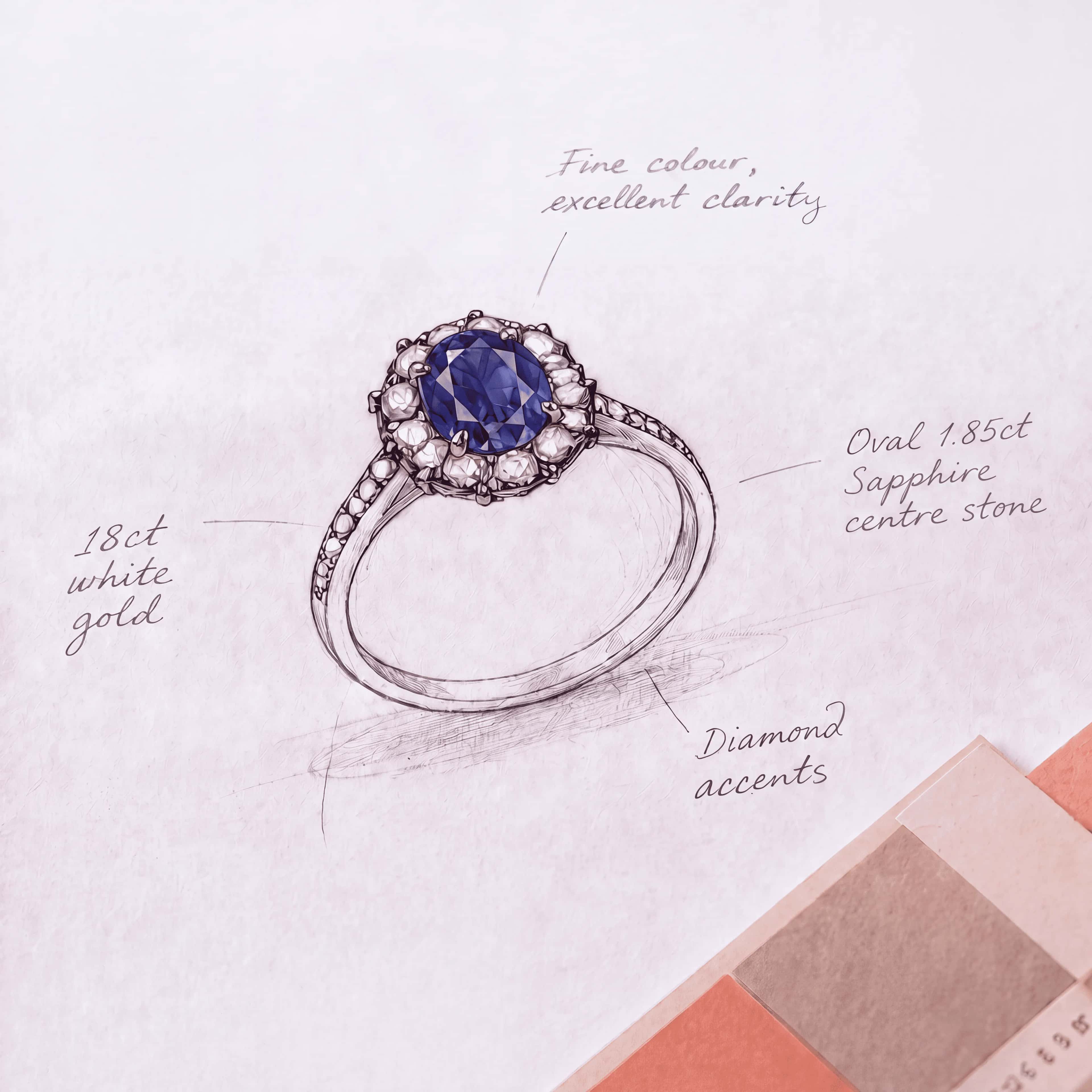 Annotated design sketch of an oval sapphire halo ring with colour swatches