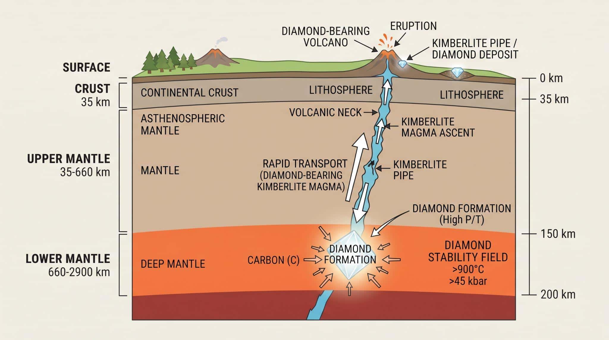 Diagram showing natural diamond formation deep beneath the Earth's surface