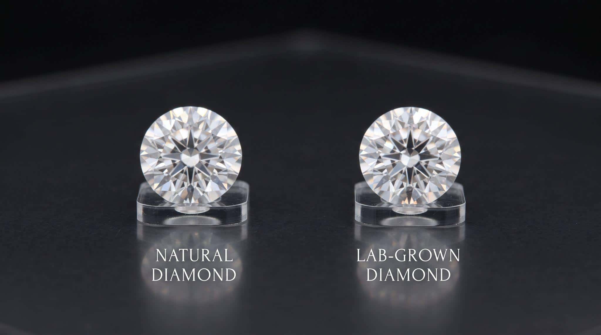 A natural diamond and a lab-grown diamond side by side