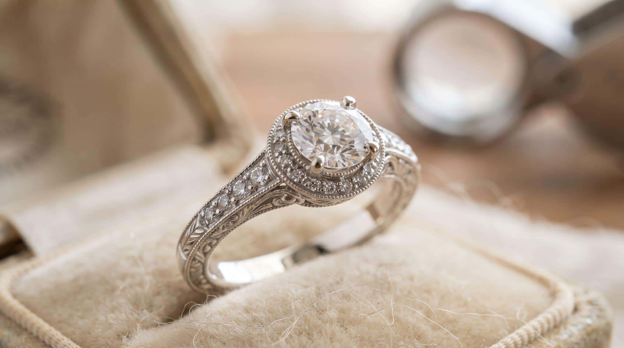 Heirloom natural diamond engagement ring in a polished platinum setting