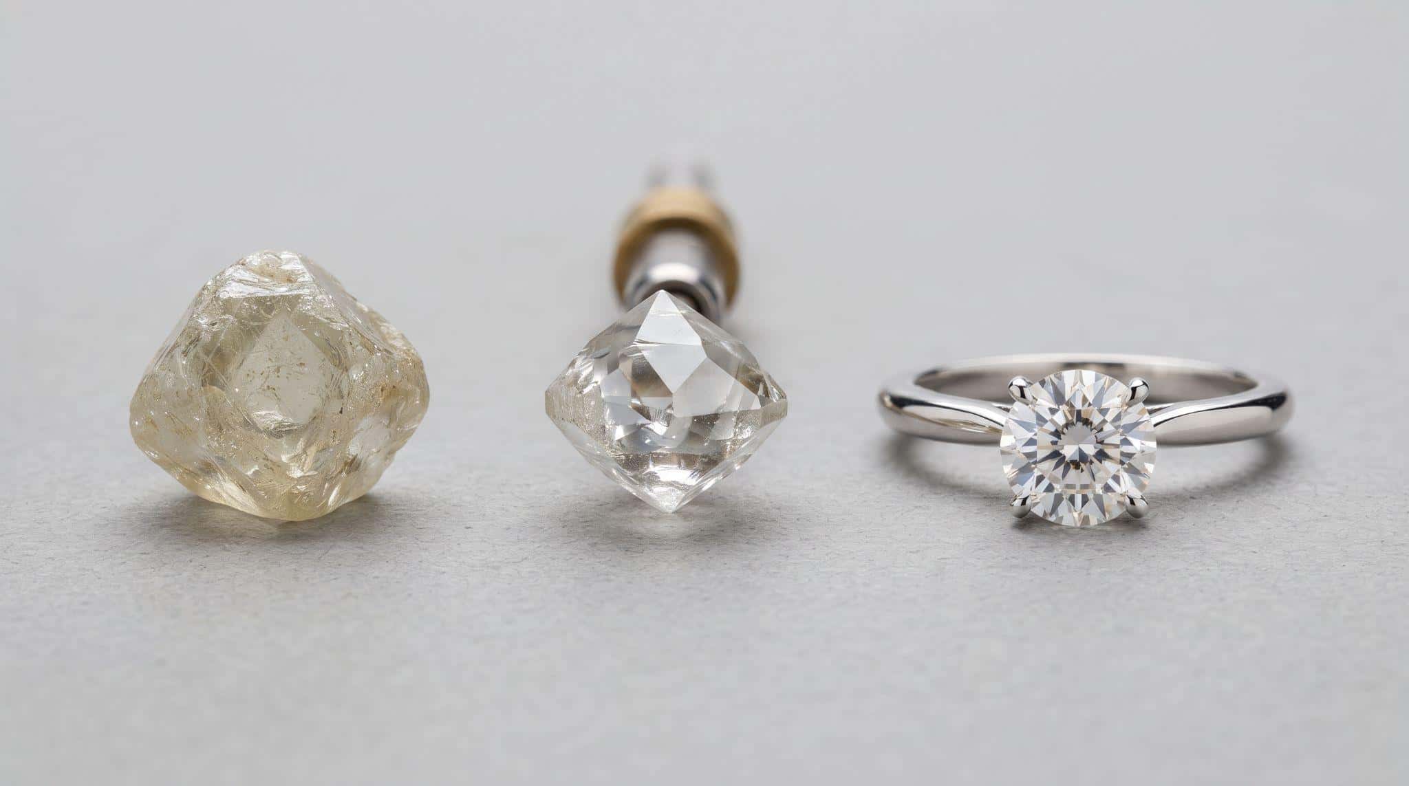 Rough natural diamond transformed into a polished diamond and finished ring