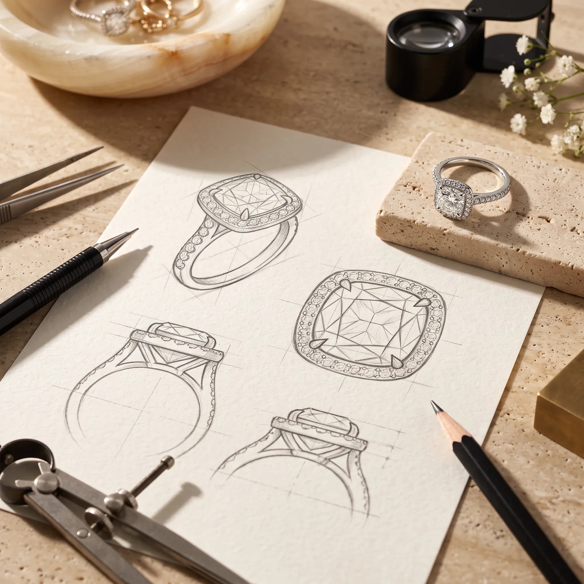 Pencil sketches of a cushion-cut halo engagement ring beside the finished ring, with a loupe and jeweller's tools on a stone table