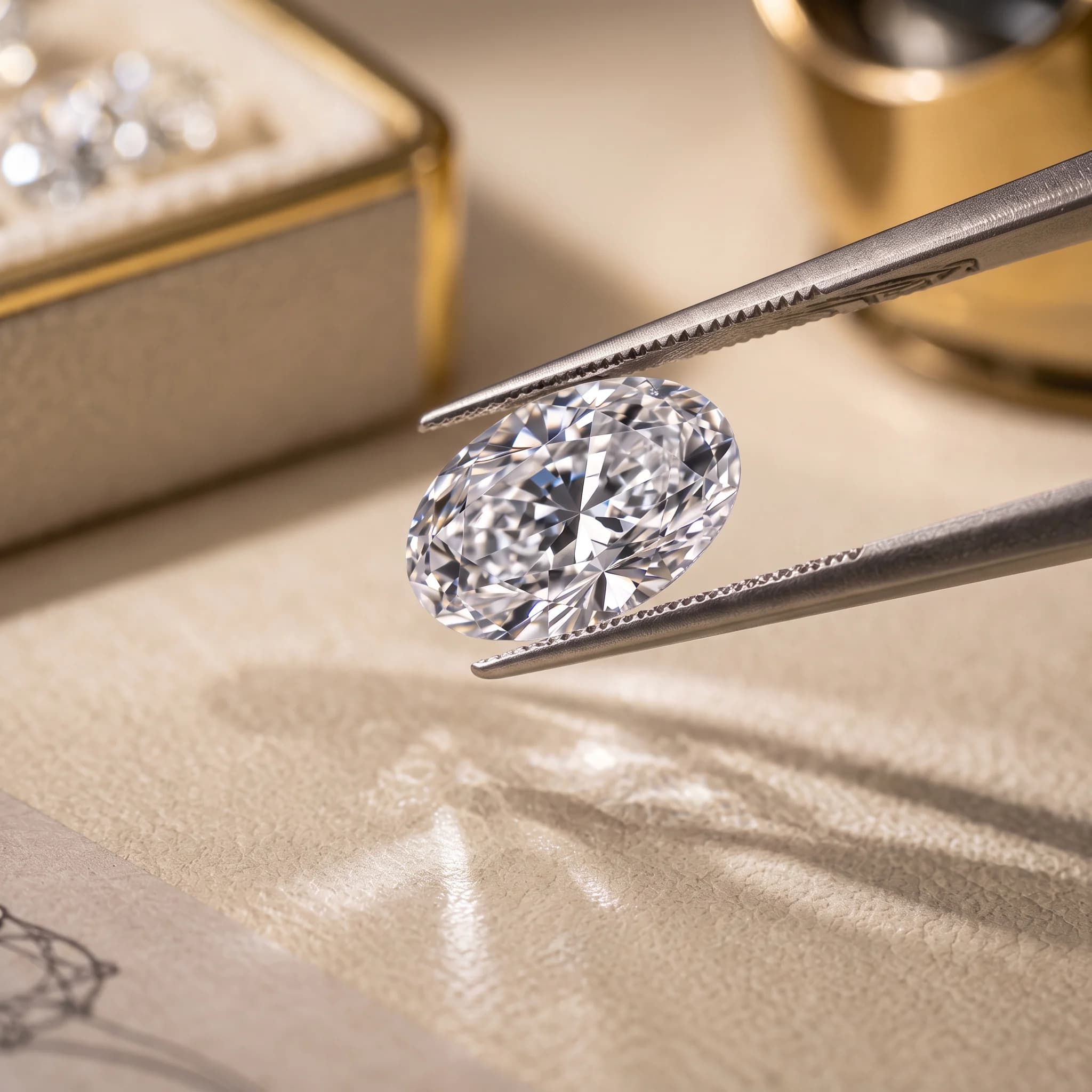An oval-cut diamond held in jeweller's tweezers