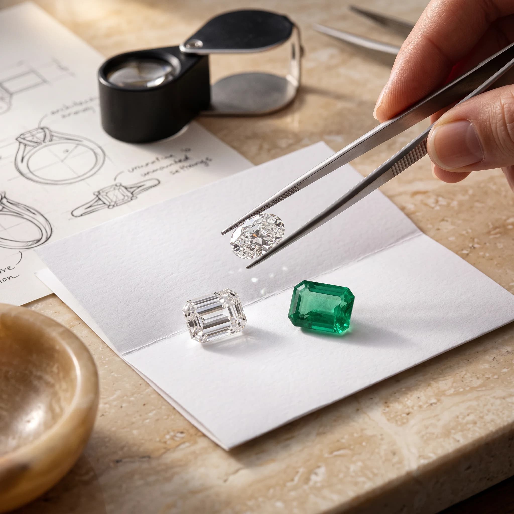 A jeweller holding an oval diamond in tweezers above an emerald-cut diamond and an emerald, with a loupe and ring sketches alongside
