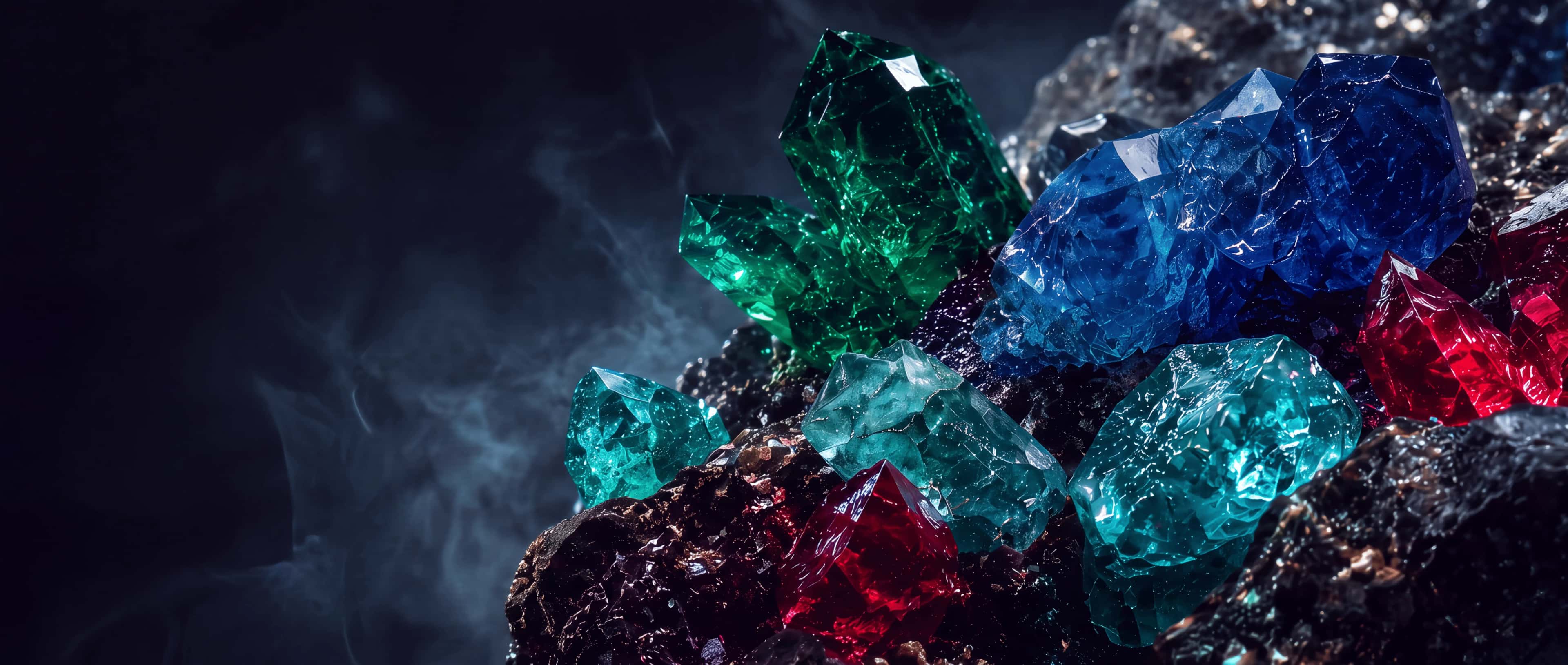 Coloured gemstones — emerald, sapphire, ruby and aquamarine — from the Atlas collection by MASAAT London.