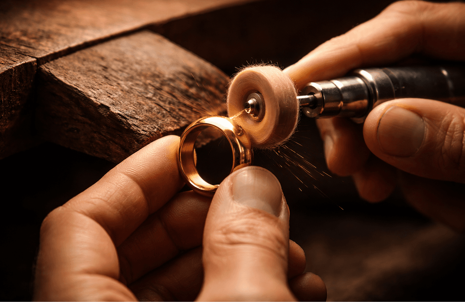 A close-up image of a craftsman polishing a golden ring, representing the Heirloom collection by MASAAT London.