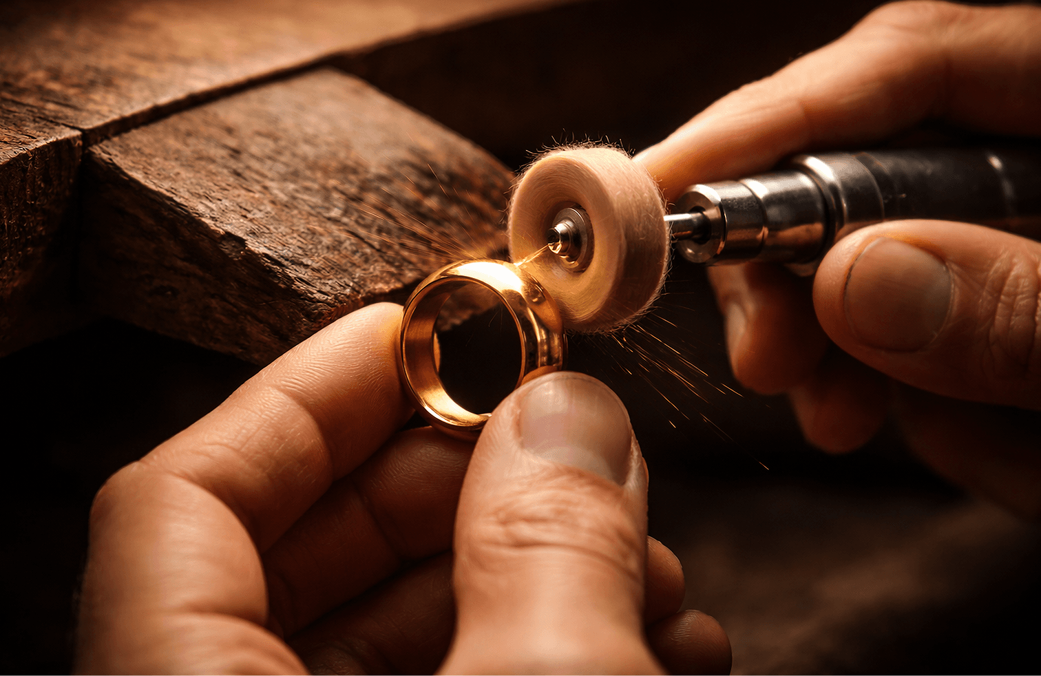 A close-up image of a craftsman polishing a golden ring, representing the Heirloom collection by MASAAT London.