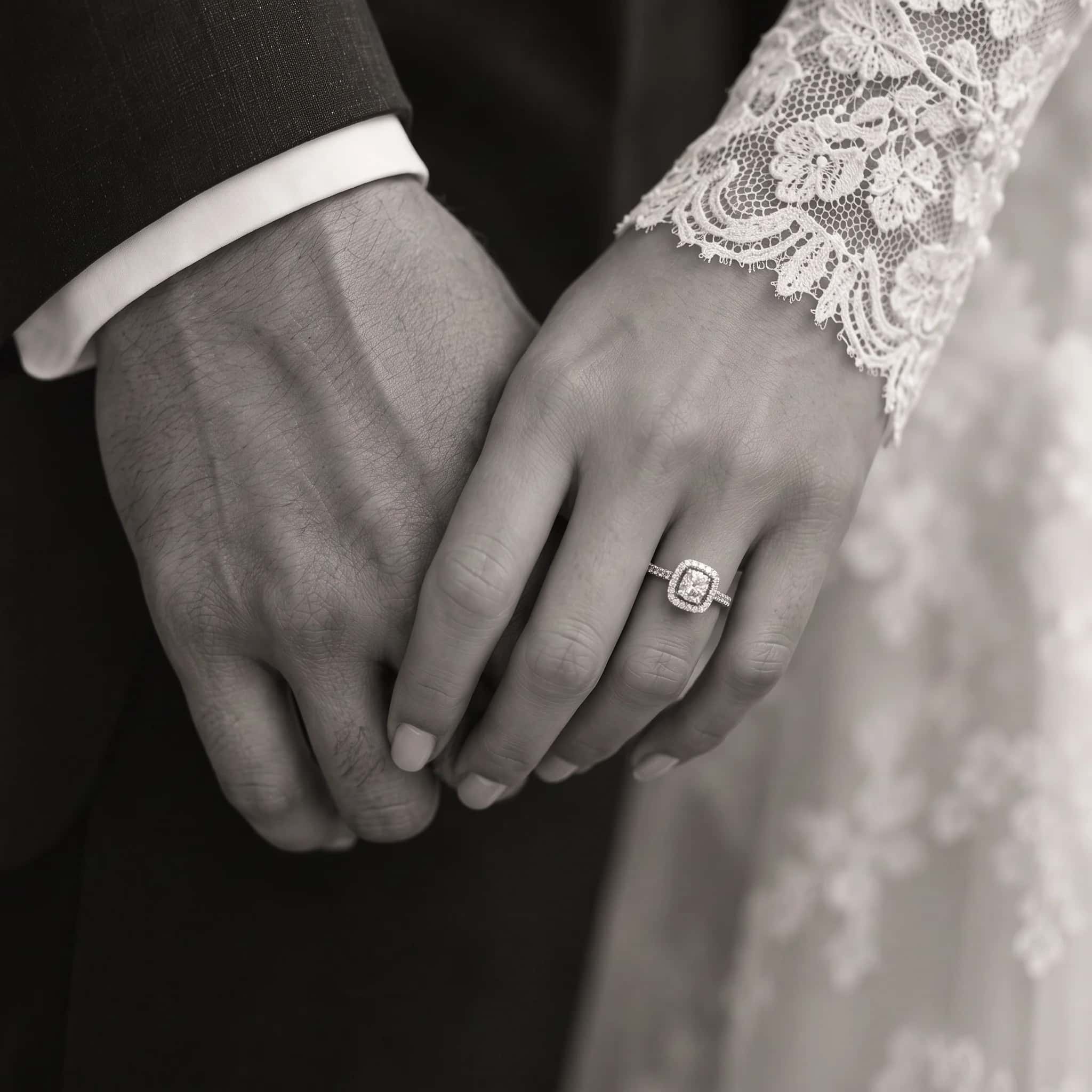 A couple holding hands in wedding clothes, one wearing a cushion-cut halo engagement ring