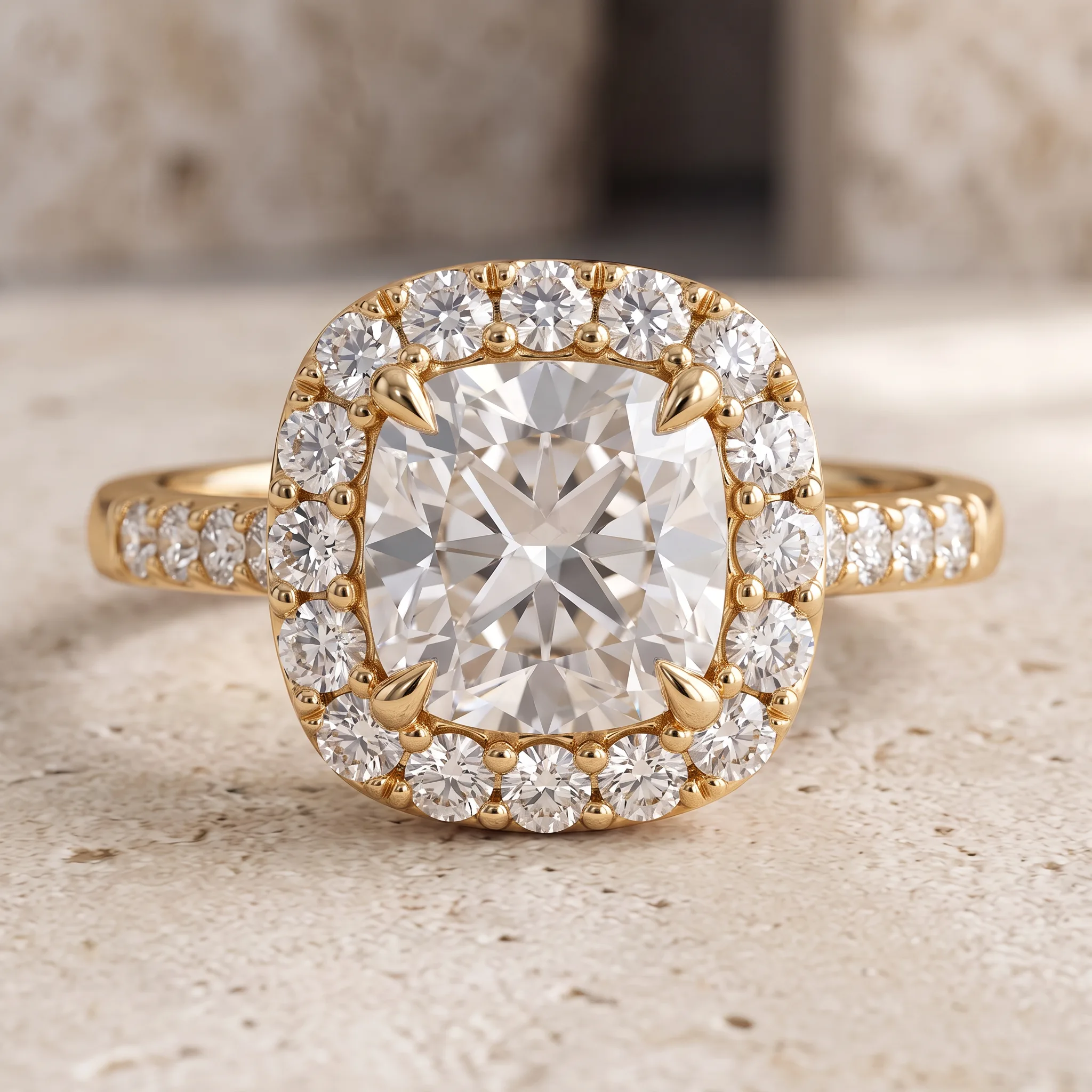 A cushion-cut diamond halo engagement ring with a pavé band, in yellow gold