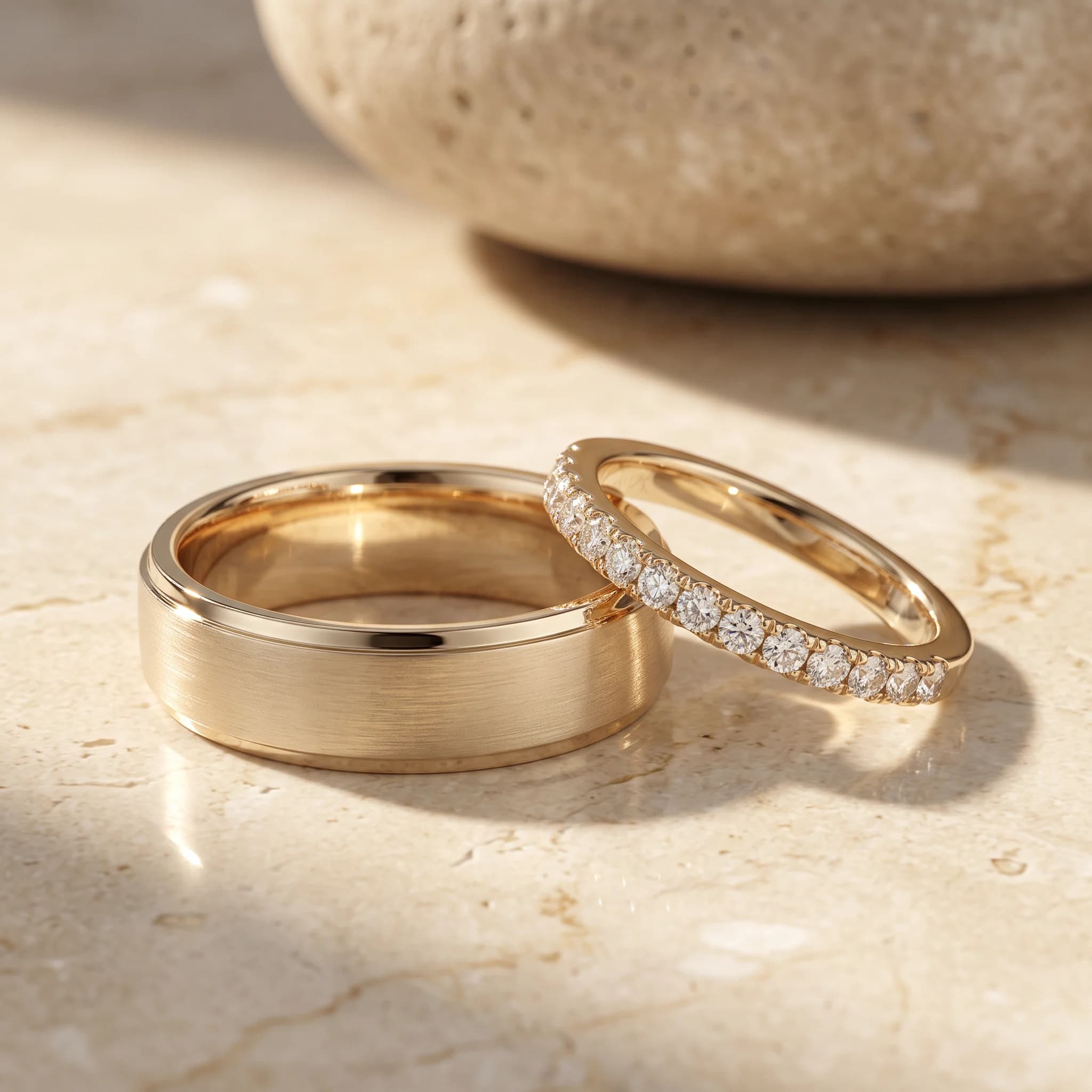 A brushed gold wedding band beside a diamond-set half-eternity band, on stone