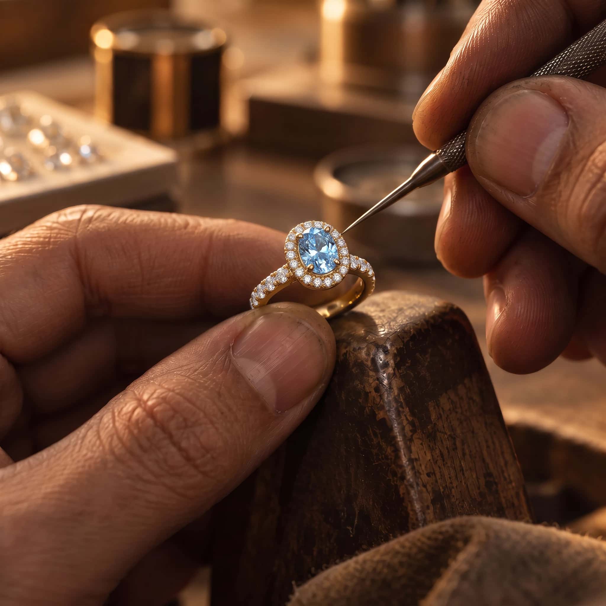 A jeweller setting an oval blue gemstone in a diamond halo ring at the bench