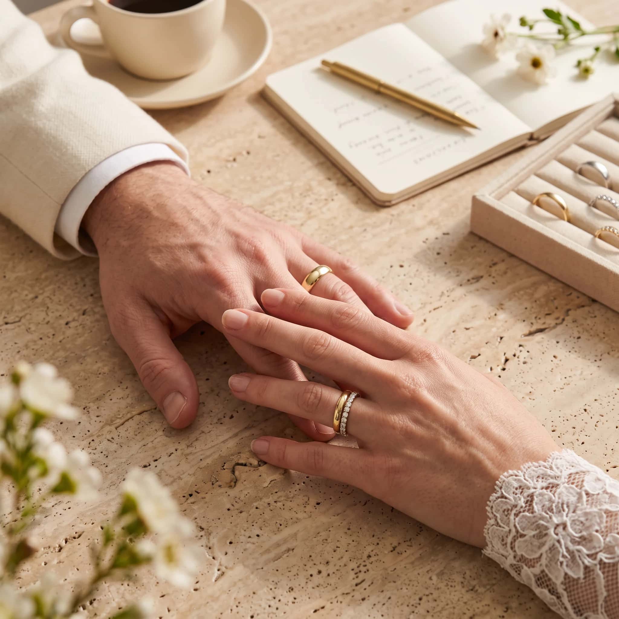 A couple's hands on a stone table, both wearing gold wedding bands, one stacked with a diamond eternity band, beside a tray of rings