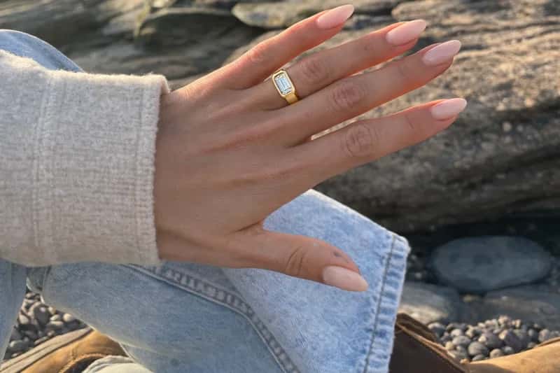 Lab-grown diamond wedding ring on model