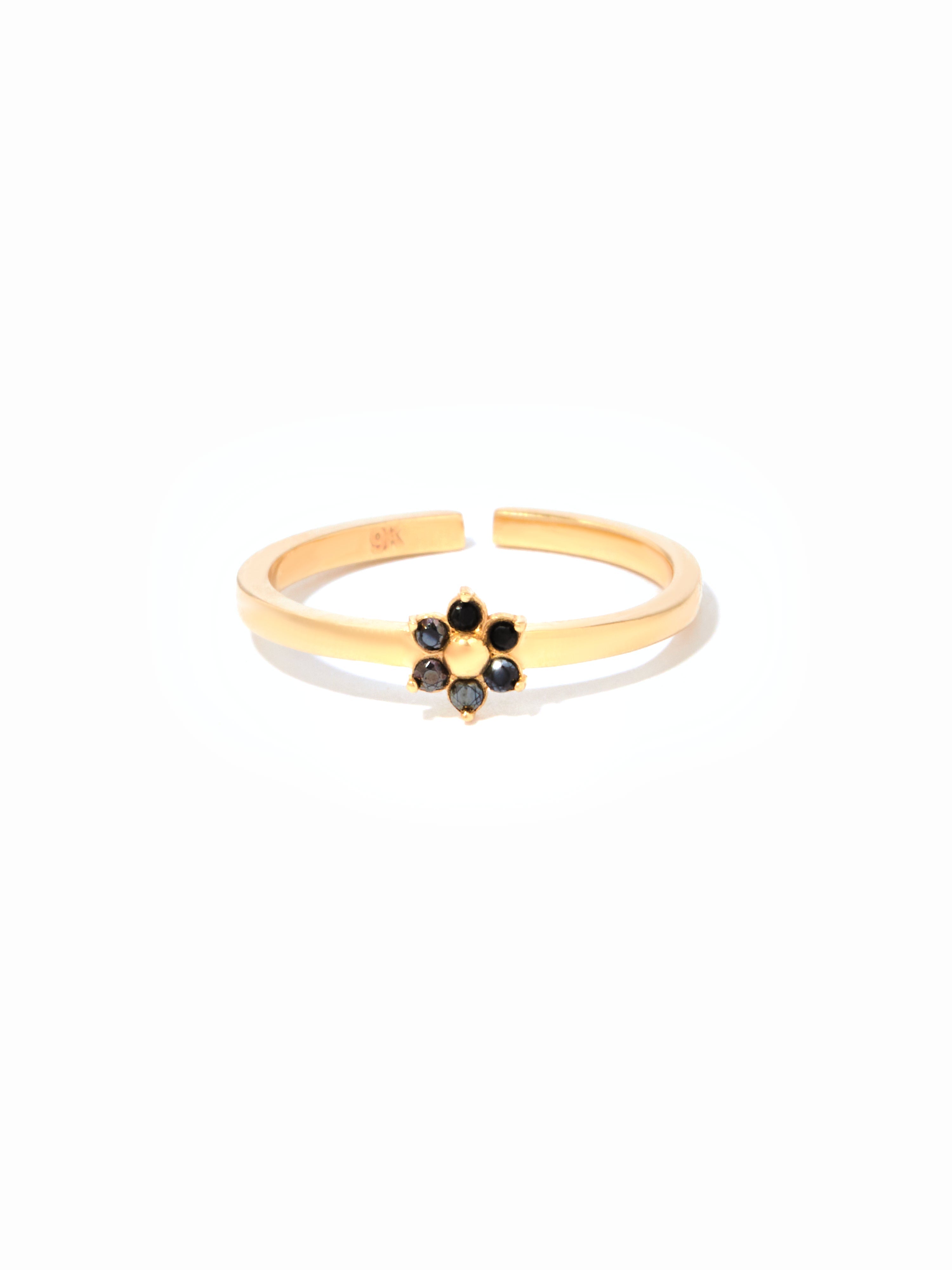 9ct Yellow Gold Open Band Floral Birthstone Ring - Black