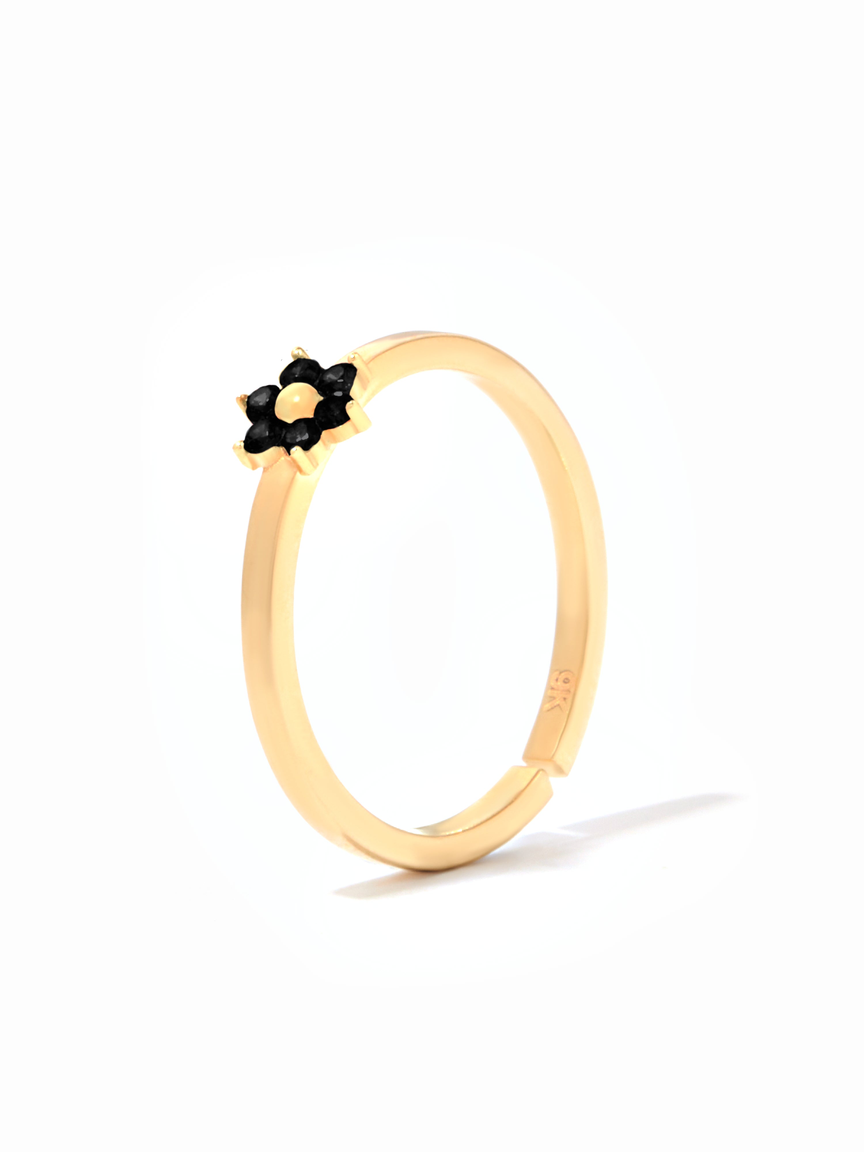 9ct Yellow Gold Open Band Floral Birthstone Ring - Black