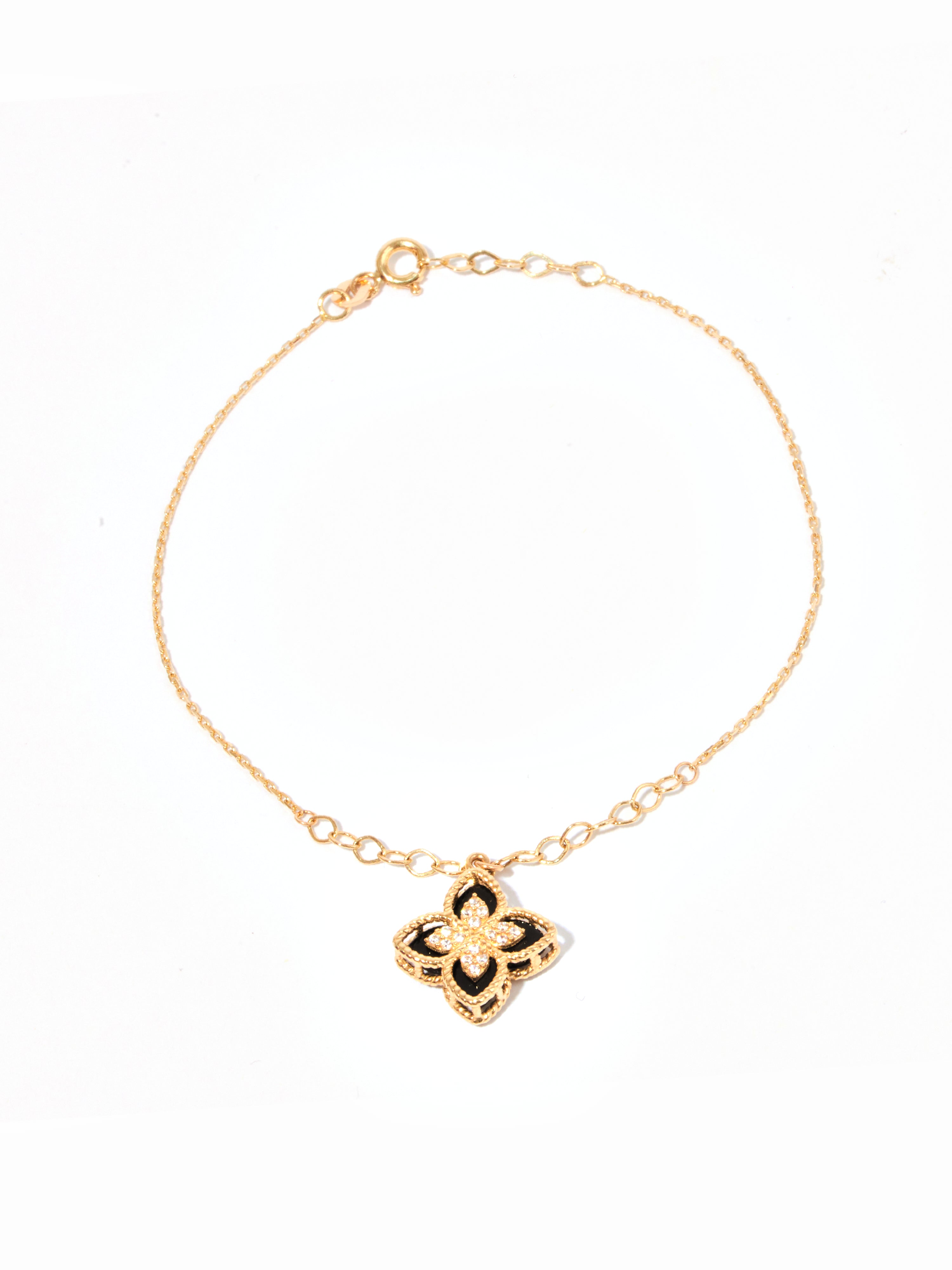 9ct Yellow Gold Flower Charm Bracelet - Onyx