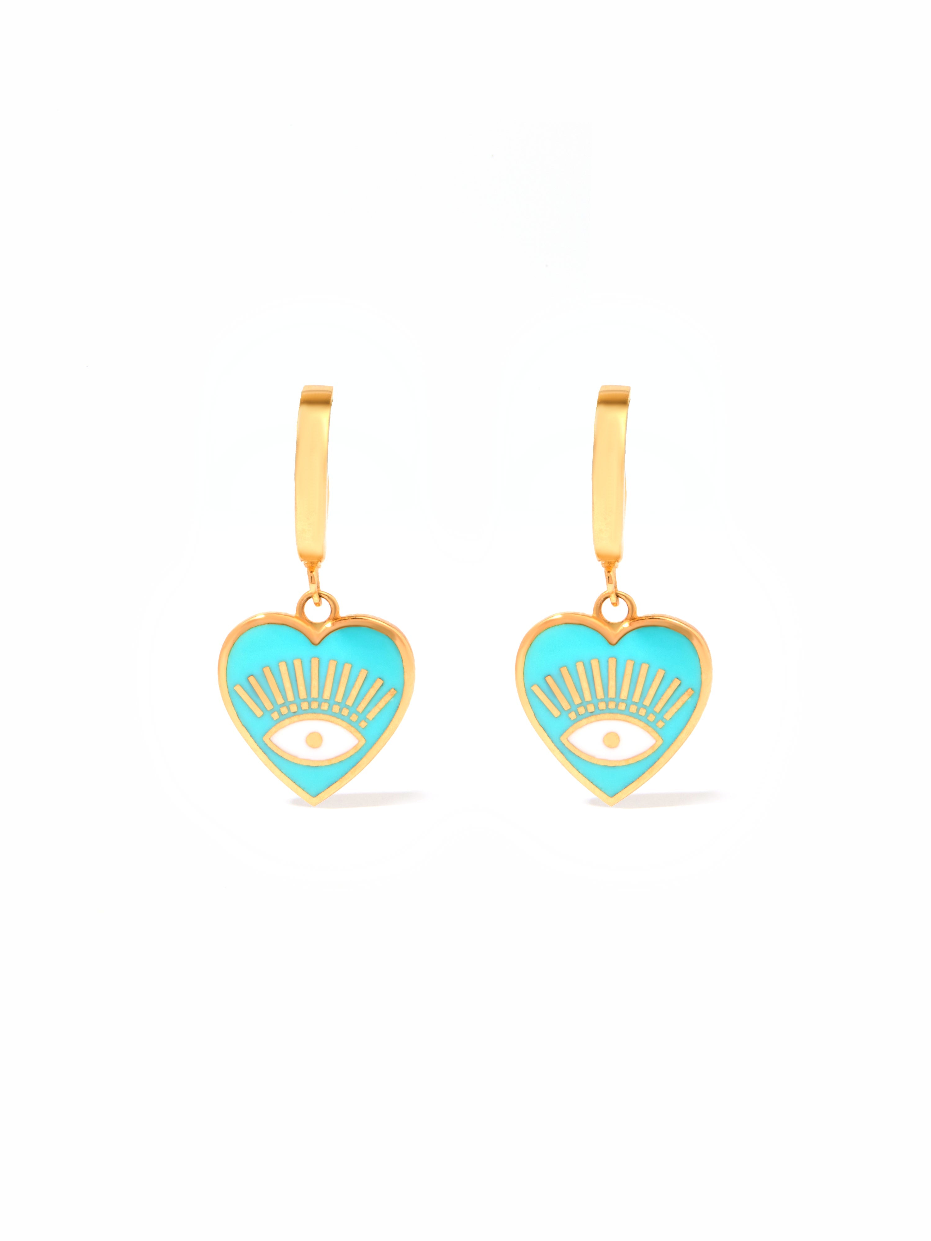 9ct Yellow Gold & Enamel Huggie Heart Earrings - Light Blue