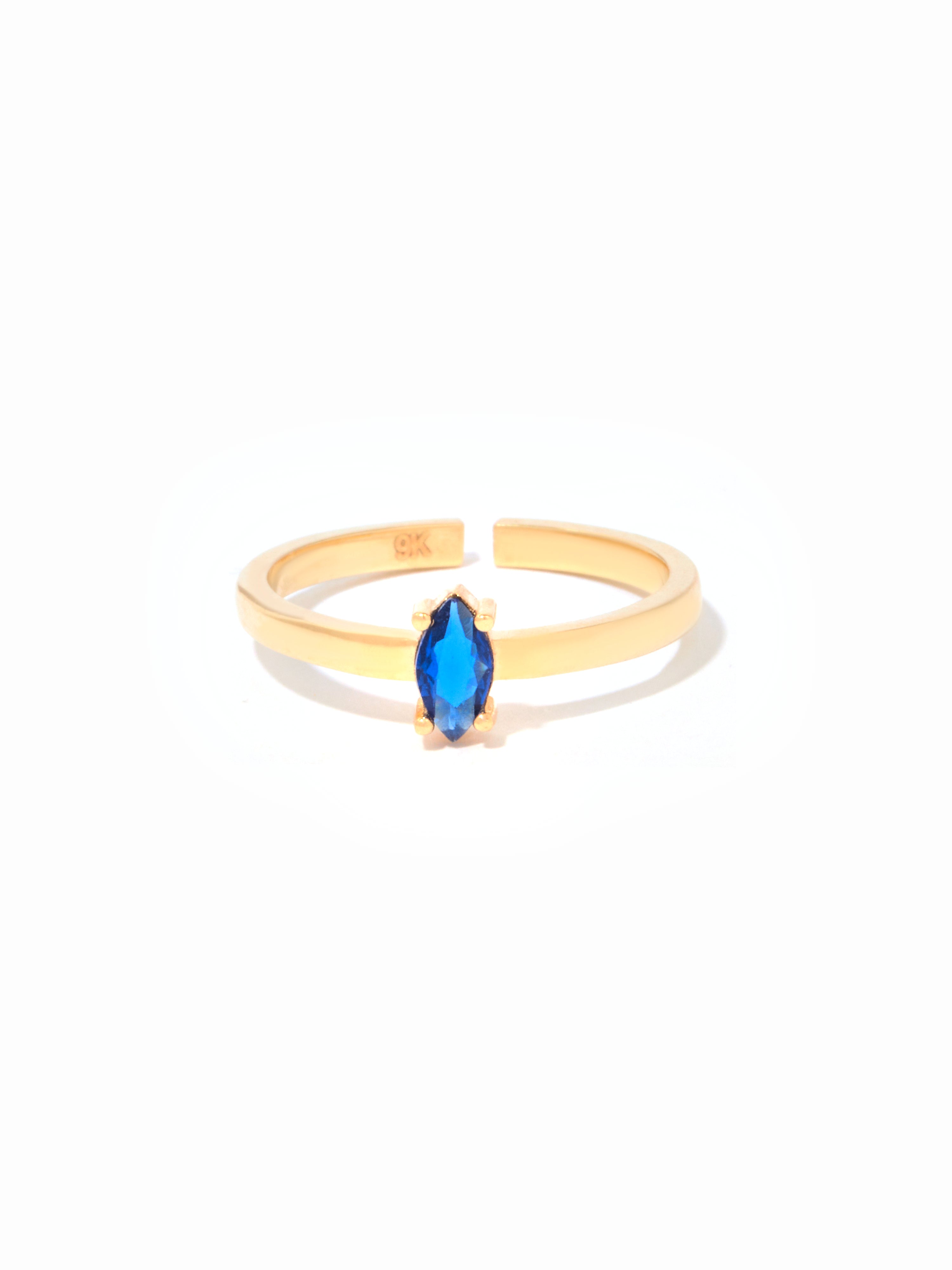 9ct Yellow Gold Open Band Birthstone Ring - Marquise Cut (Blue)