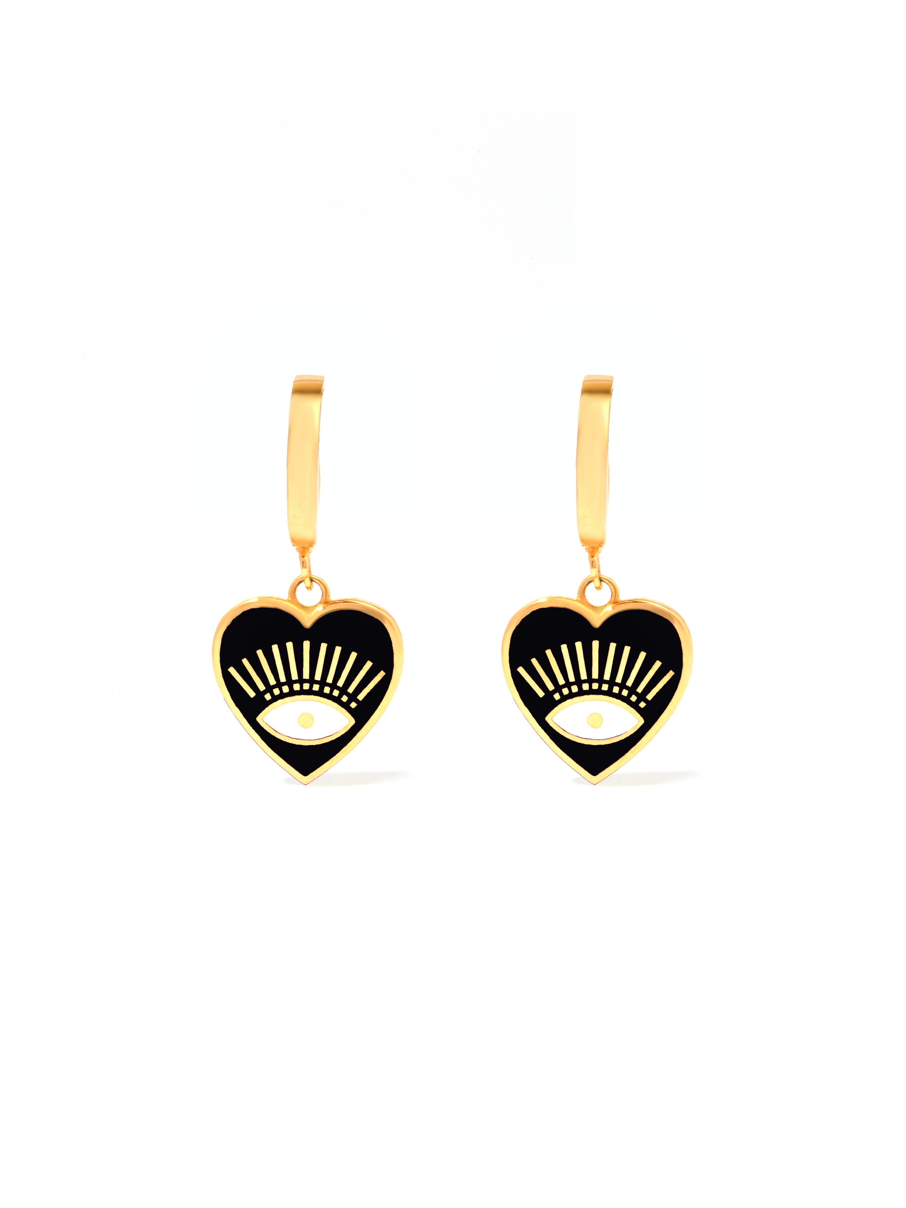 9ct Yellow Gold & Enamel Huggie Heart Earrings - Dark Blue