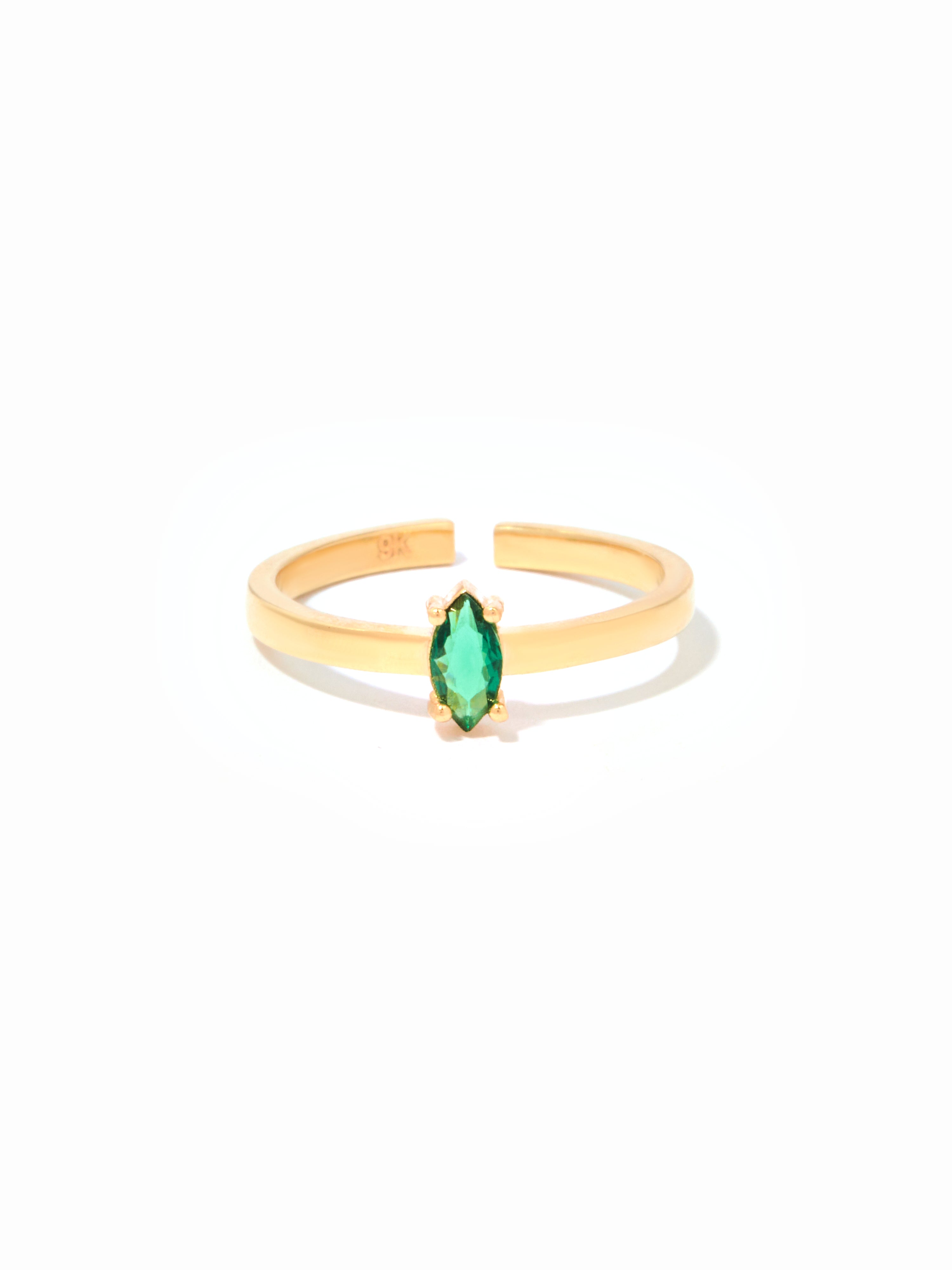 9ct Yellow Gold Open Band Birthstone Ring - Marquise Cut (Green)