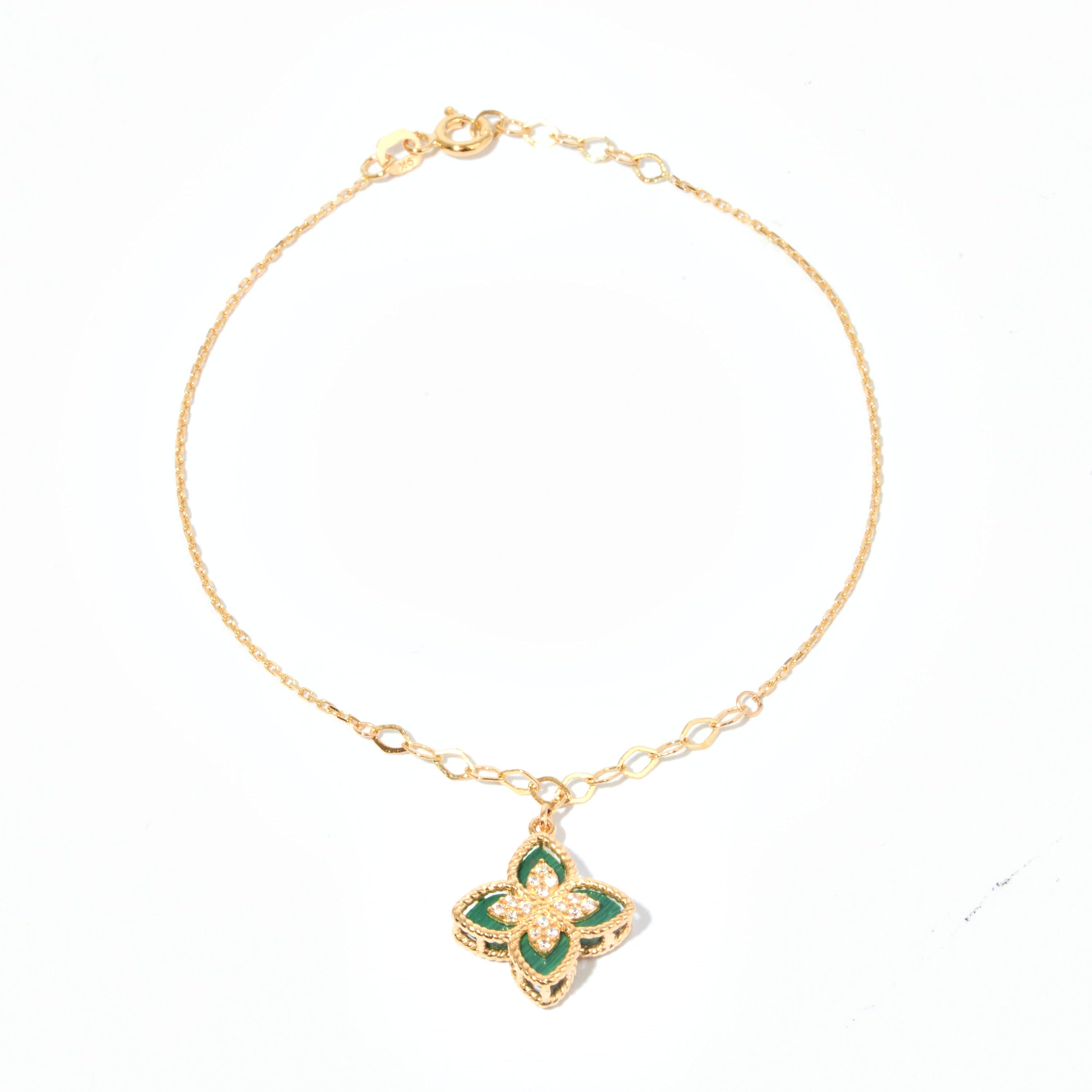 9ct Yellow Gold Flower Charm Bracelet - Malachite