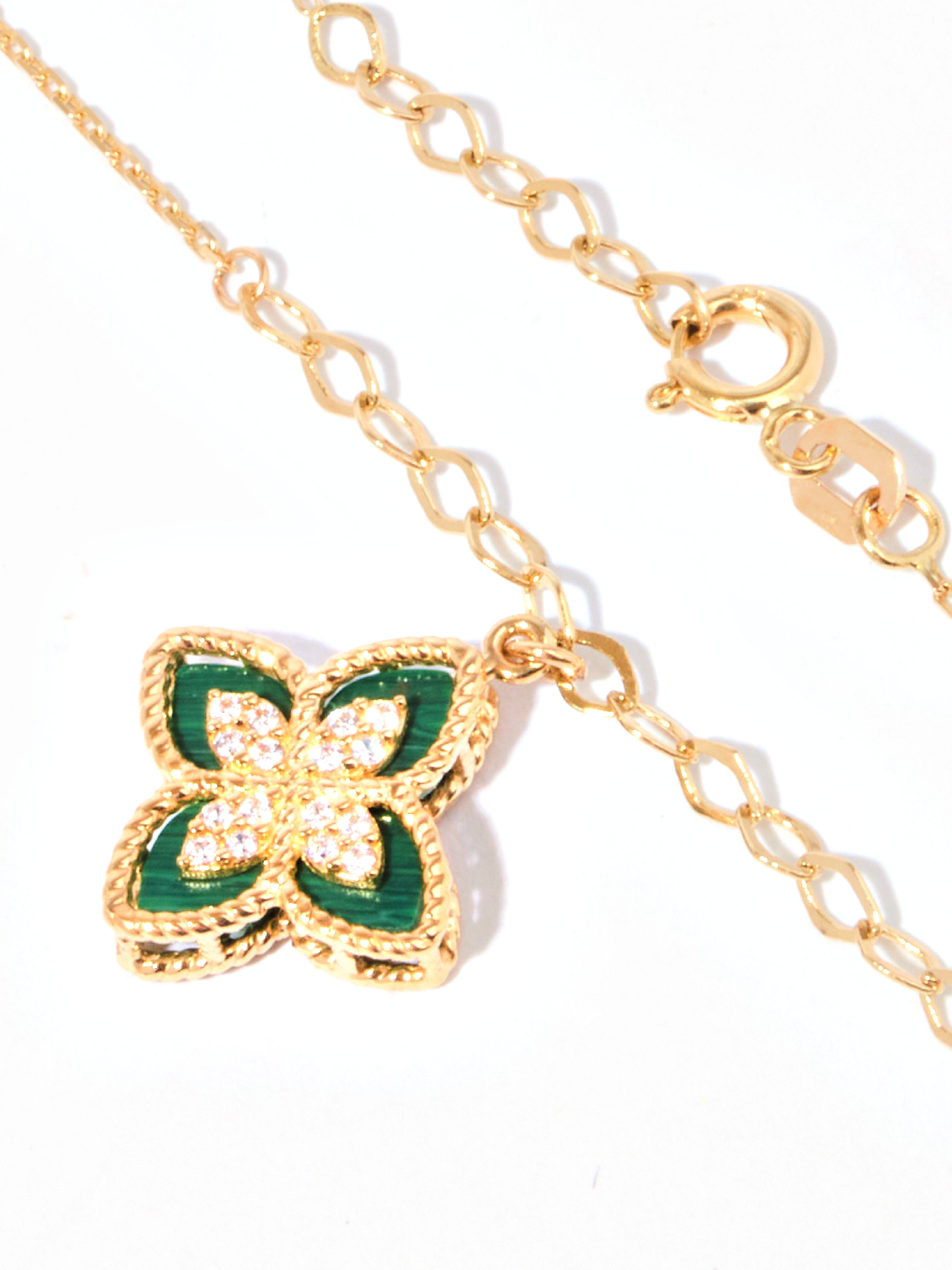 9ct Yellow Gold Flower Charm Bracelet - Malachite