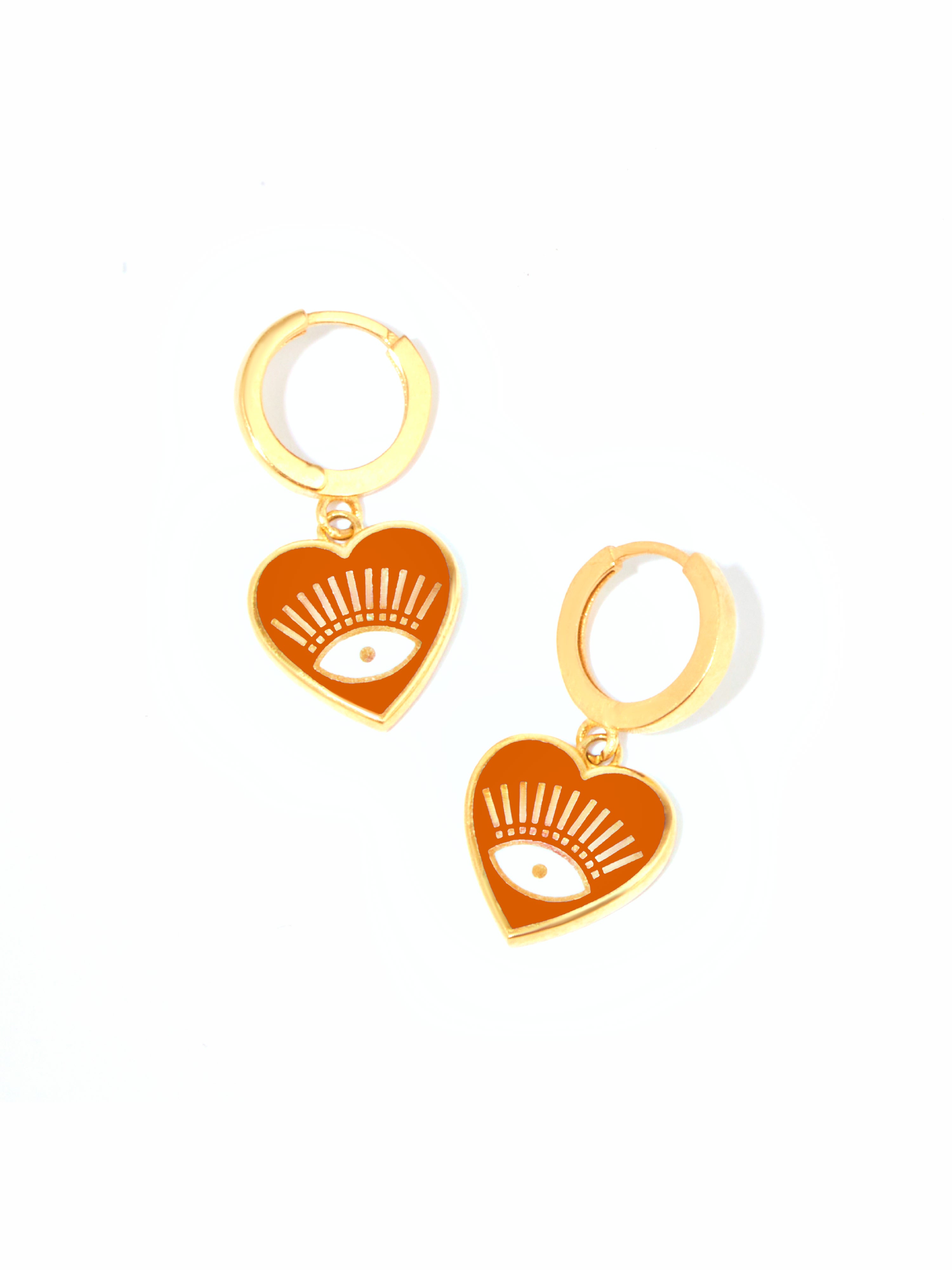 9ct Yellow Gold & Enamel Huggie Heart Earrings - Orange