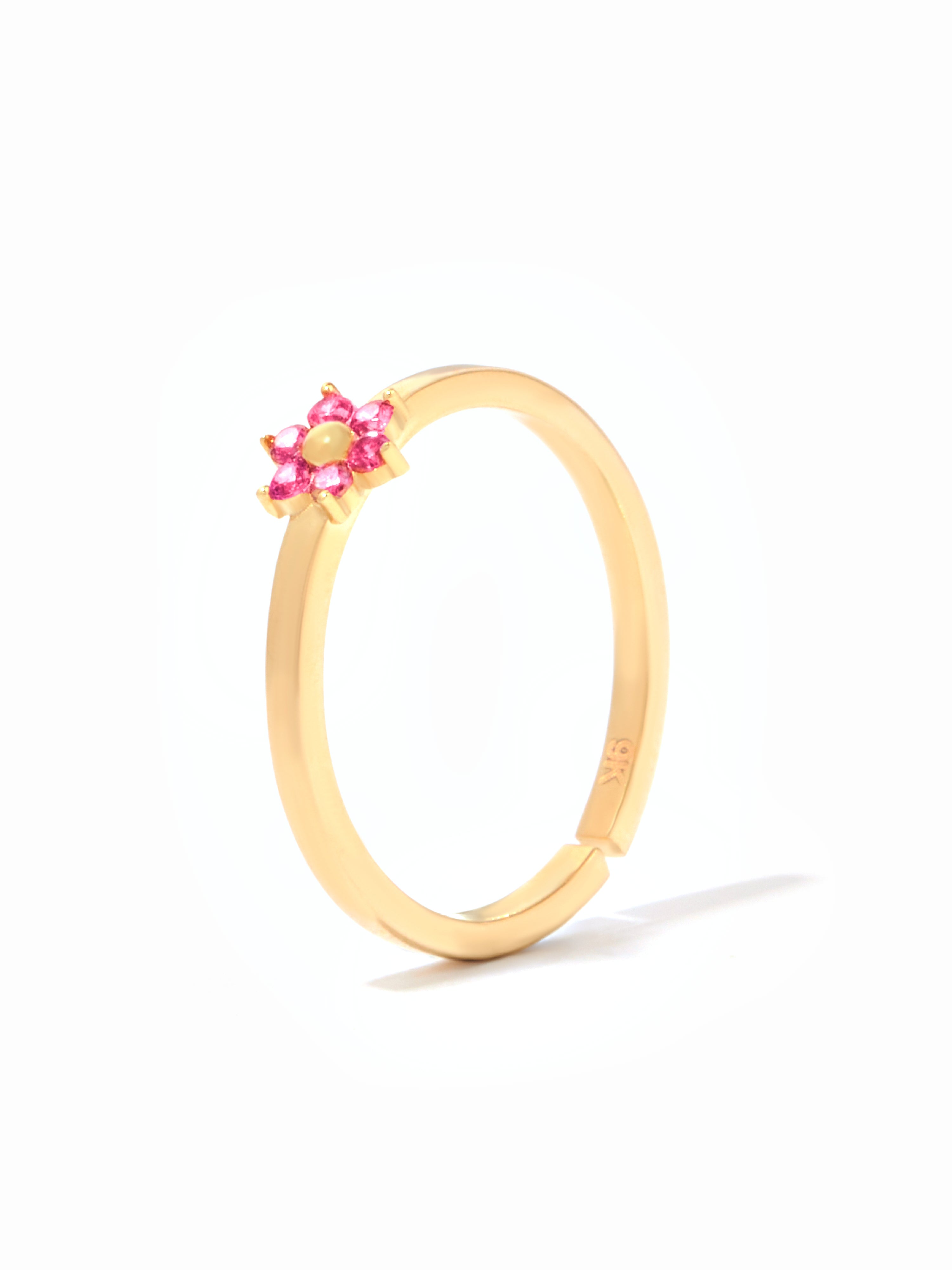 9ct Yellow Gold Open Band Floral Birthstone Ring - Pink