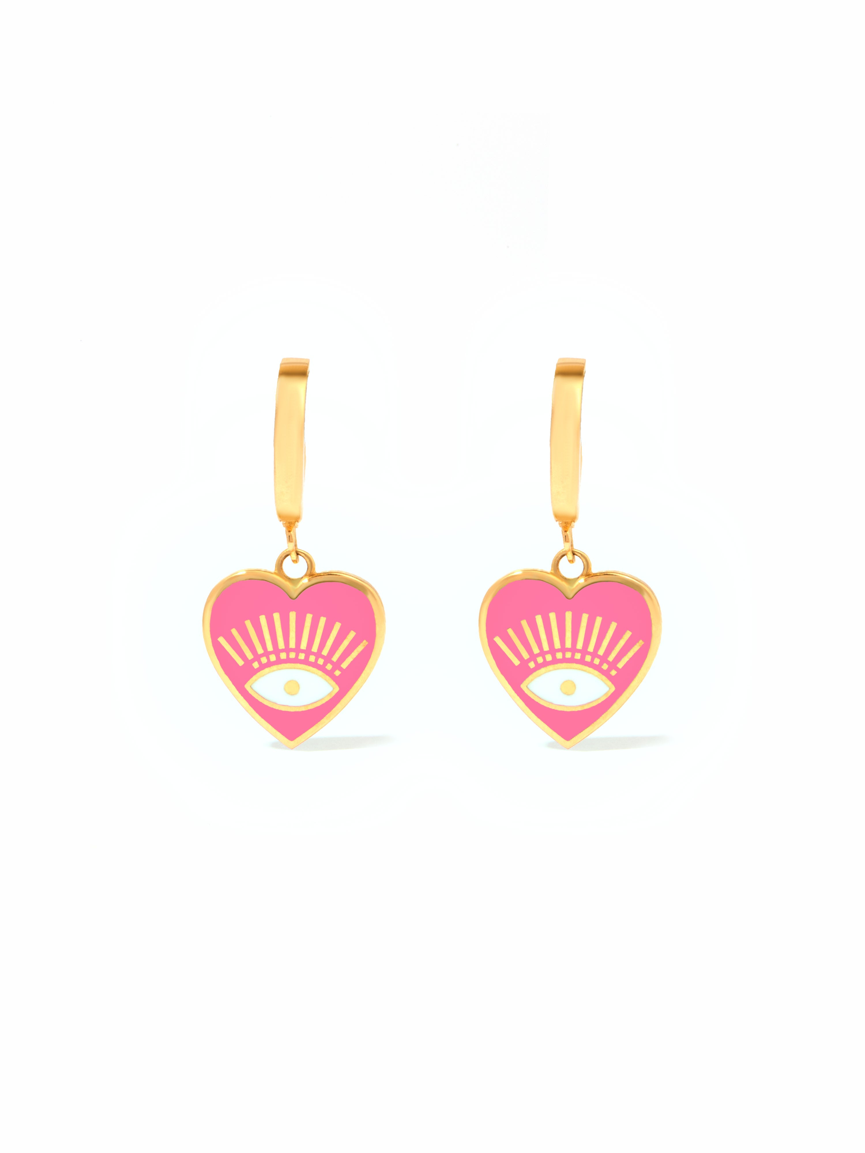 9ct Yellow Gold & Enamel Huggie Heart Earrings - Pink