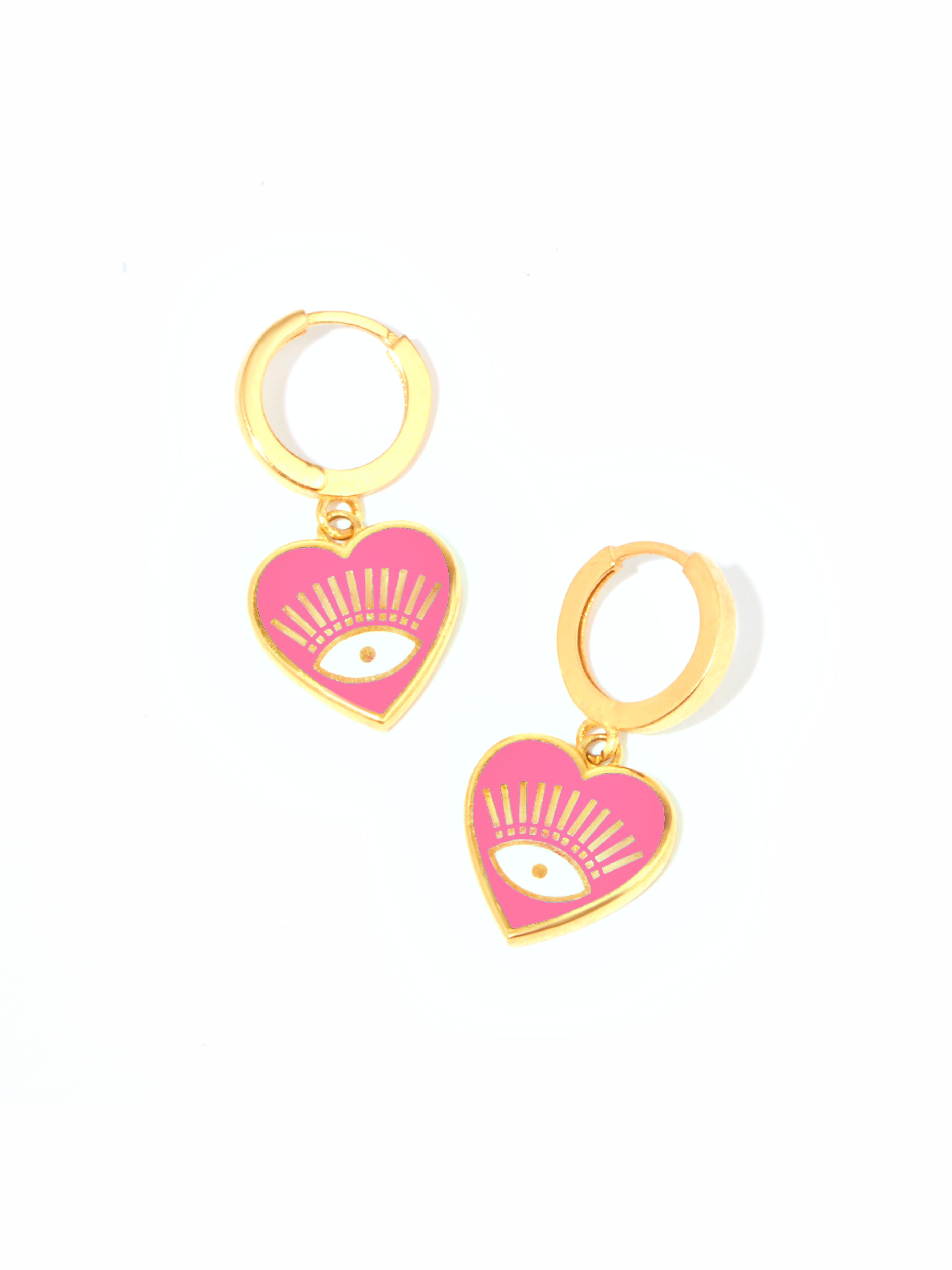 9ct Yellow Gold & Enamel Huggie Heart Earrings - Pink