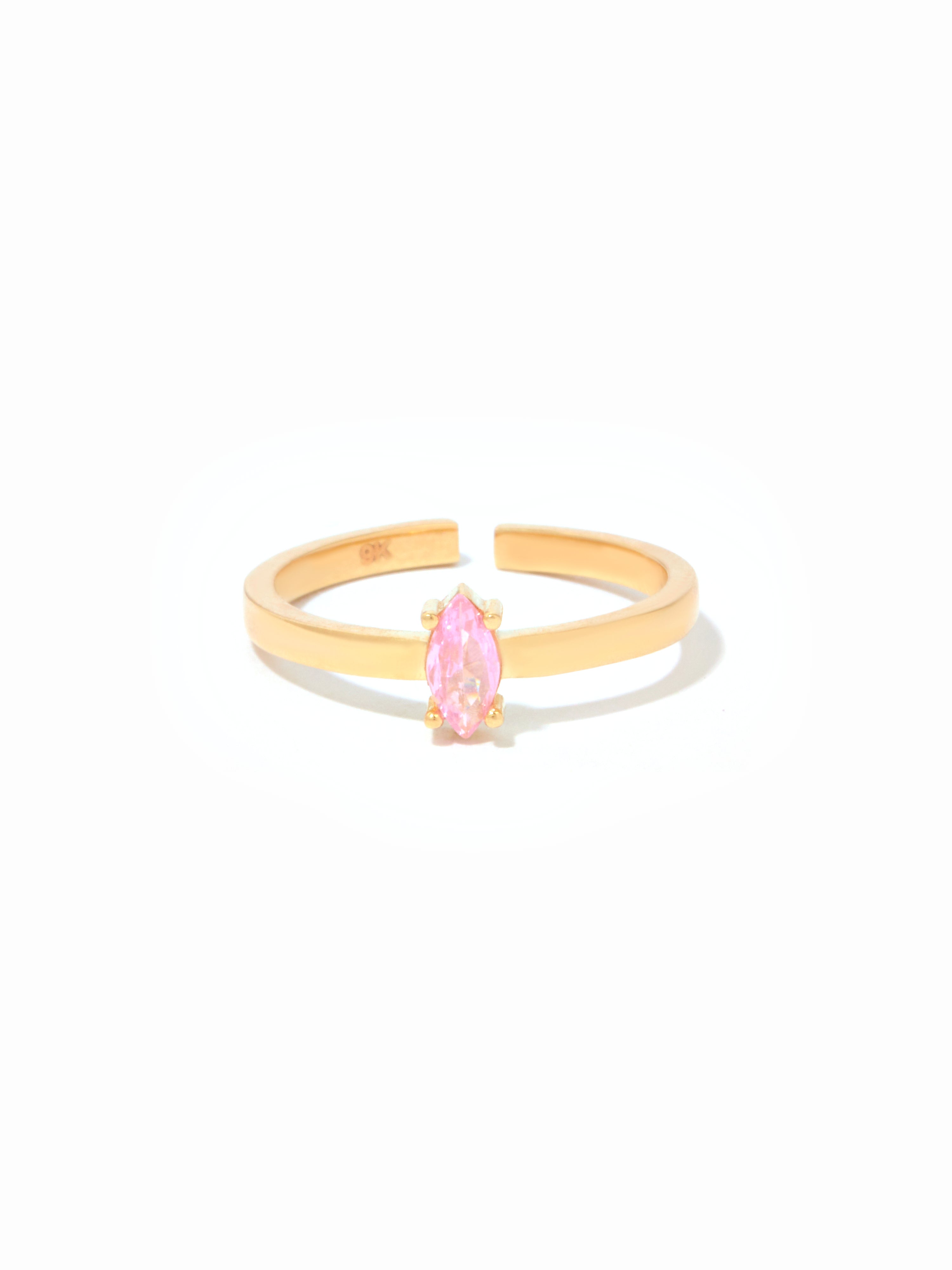 9ct Yellow Gold Open Band Birthstone Ring - Marquise Cut (Pink)