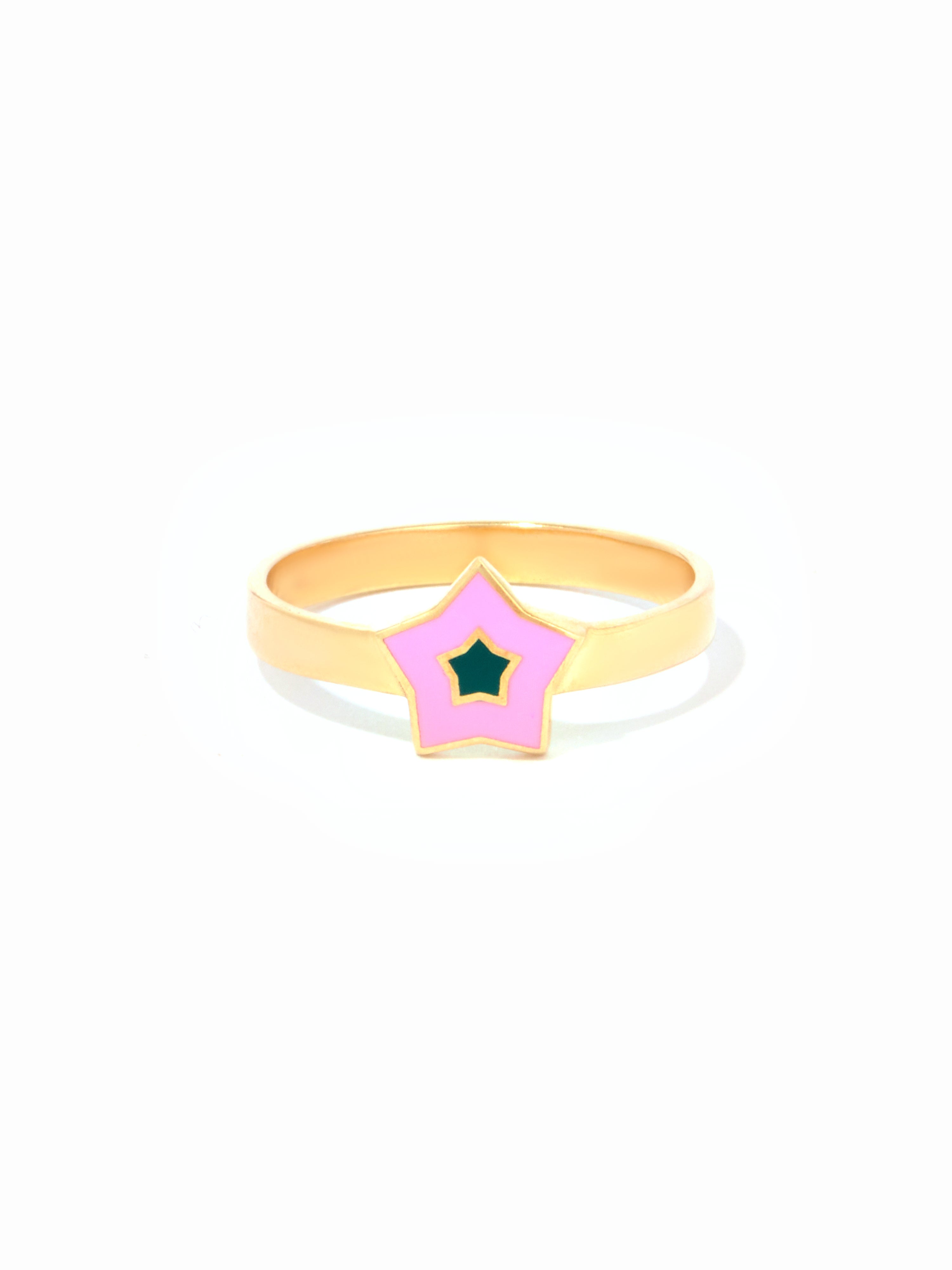 9ct Yellow Gold Star Ring - Pink & green