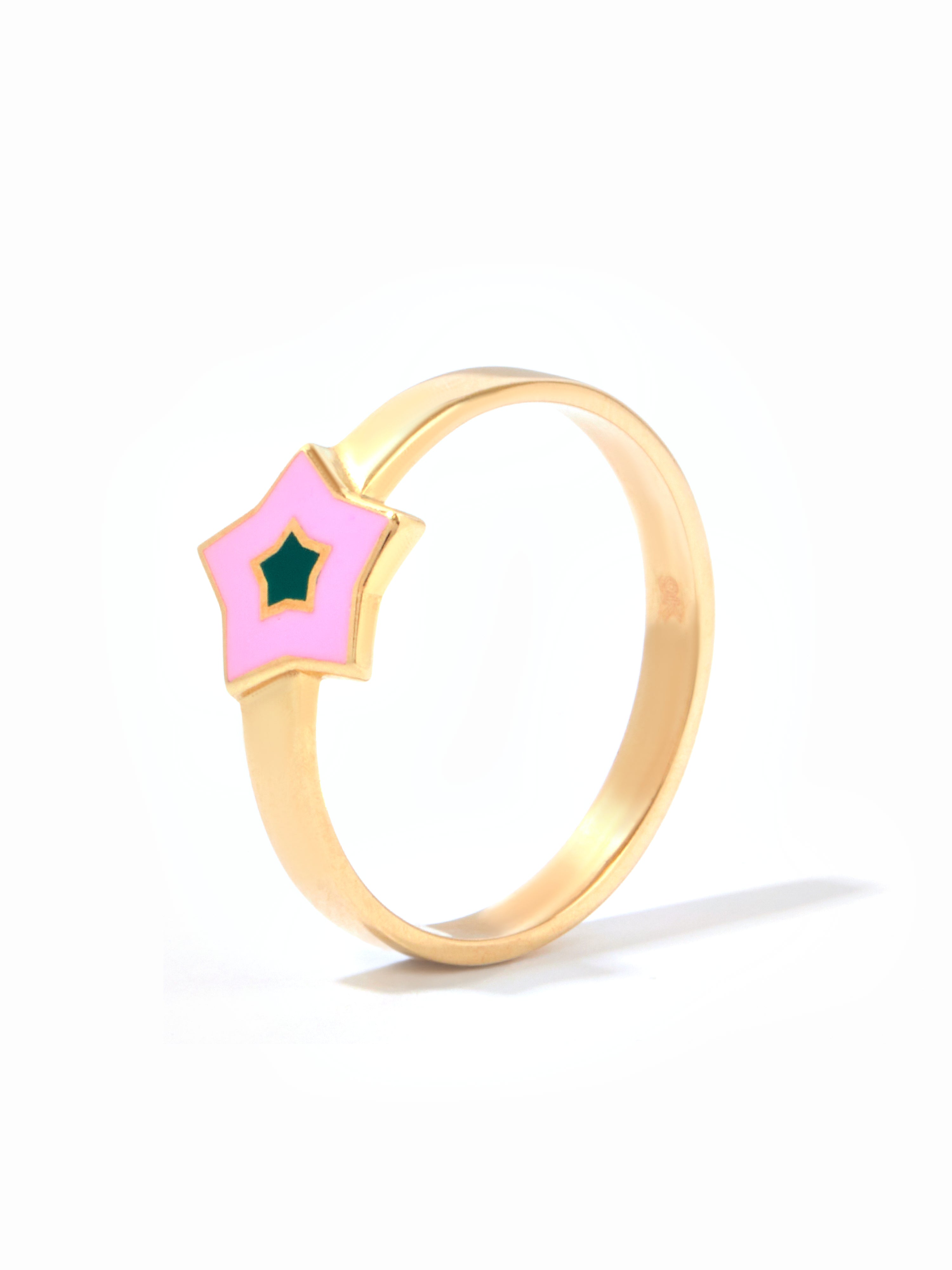 9ct Yellow Gold Star Ring - Pink & green