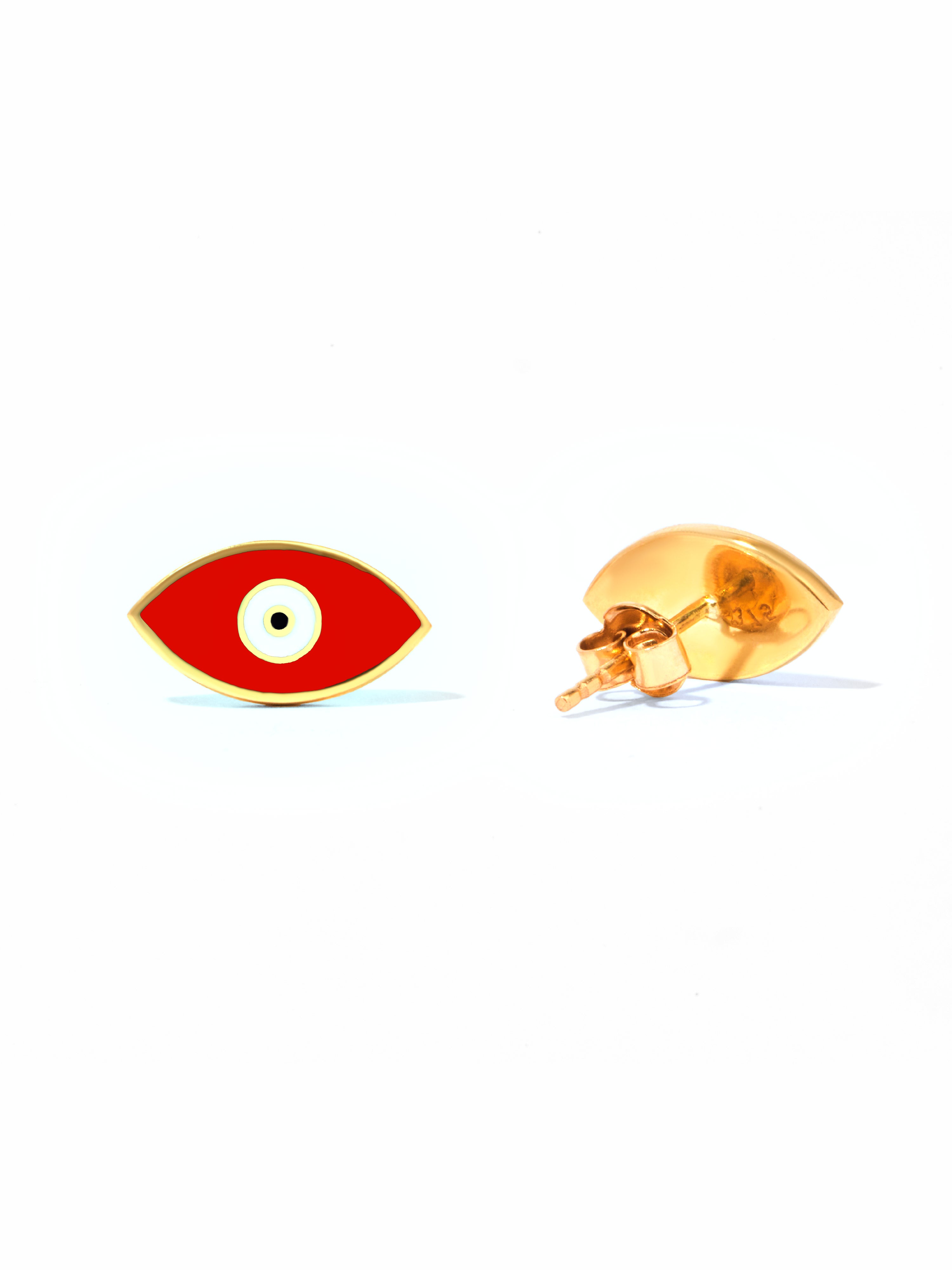 9ct Yellow Gold & Enamel Eye Earrings - Red