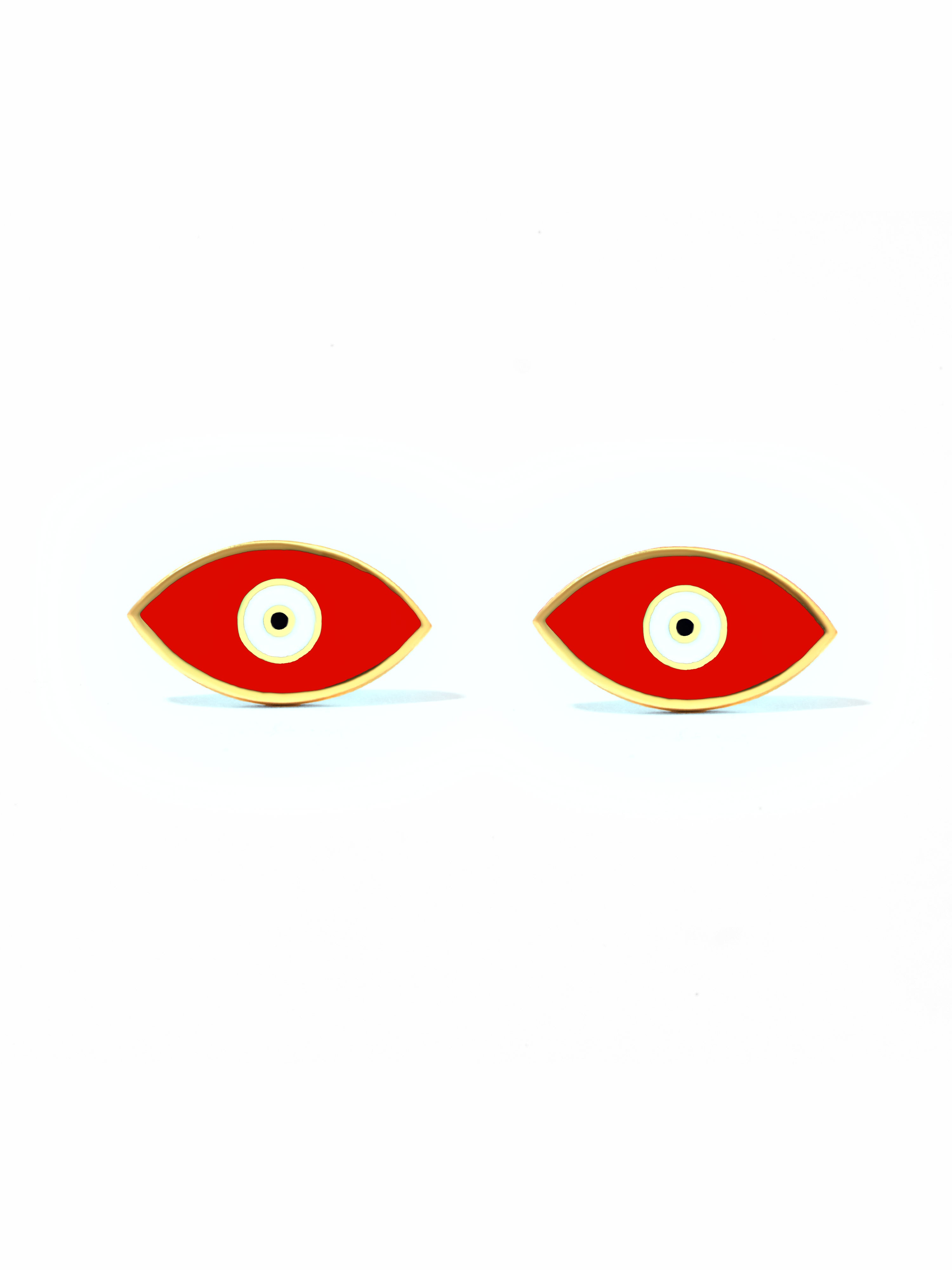 9ct Yellow Gold & Enamel Eye Earrings - Red