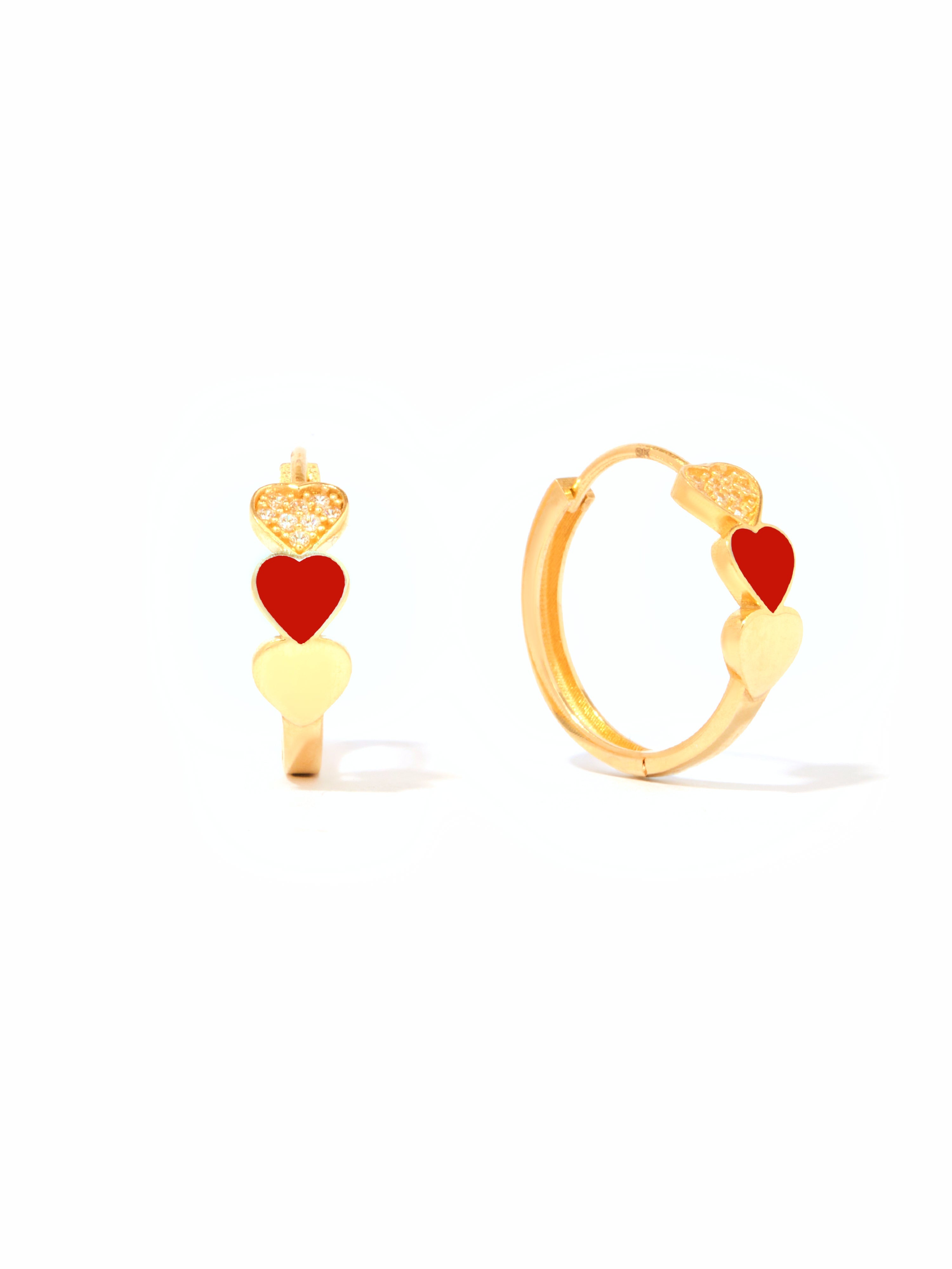 9ct Yellow Gold & Enamel Heart Shaped Huggies - Red