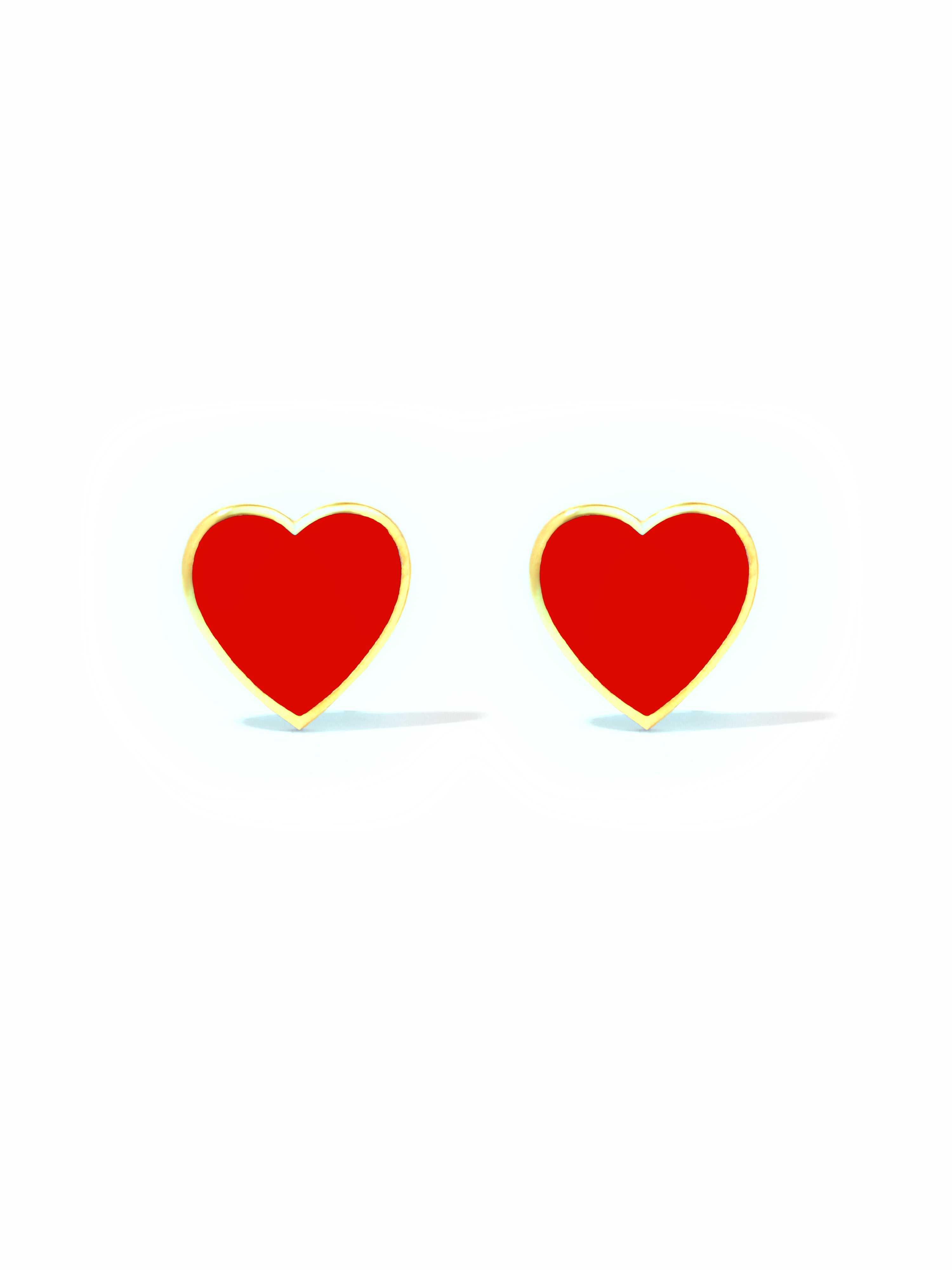 9ct Yellow Gold & Enamel Heart Earrings - Red