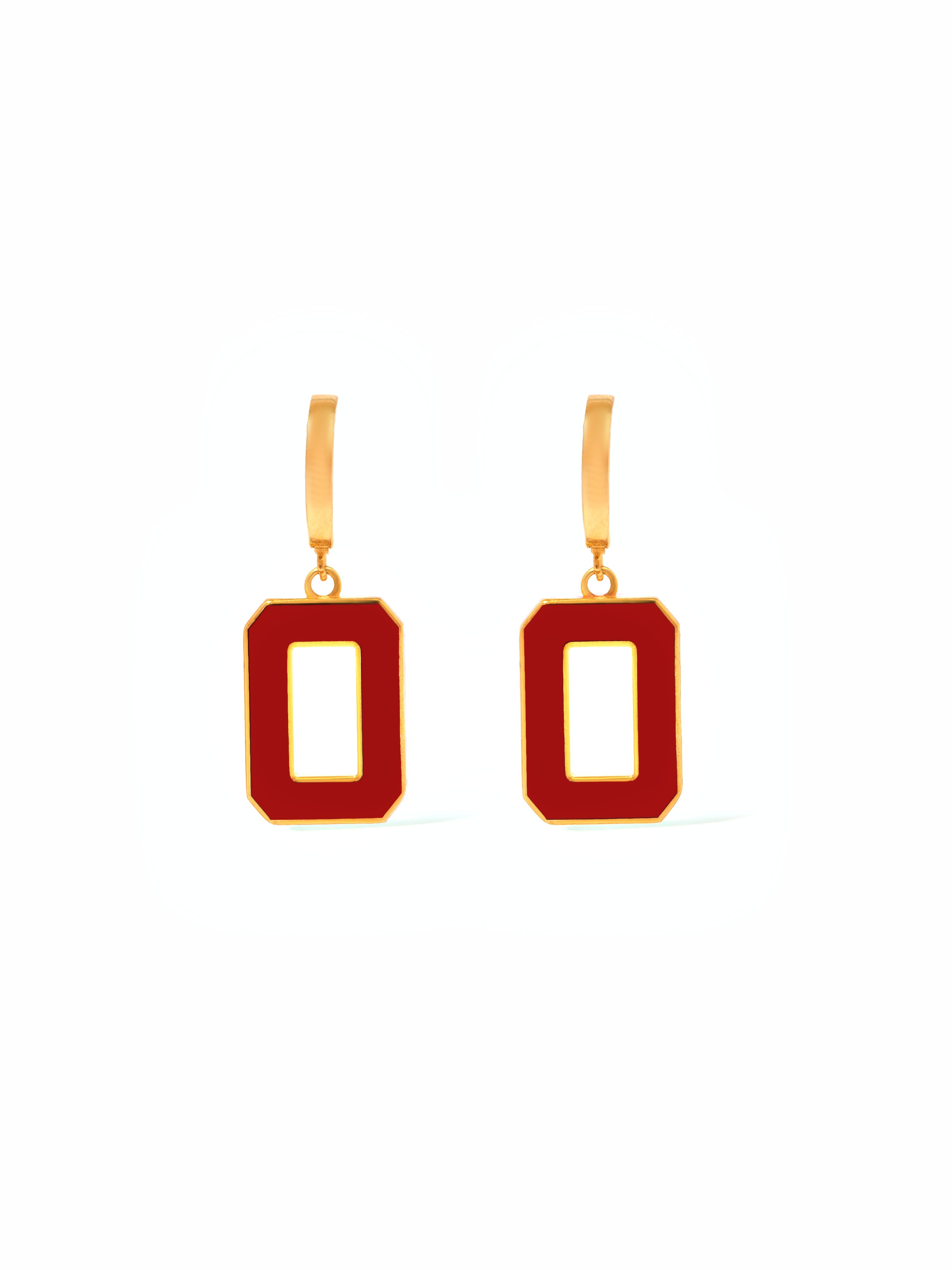 9ct Yellow Gold & Enamel Geometric Huggie Earrings - Red