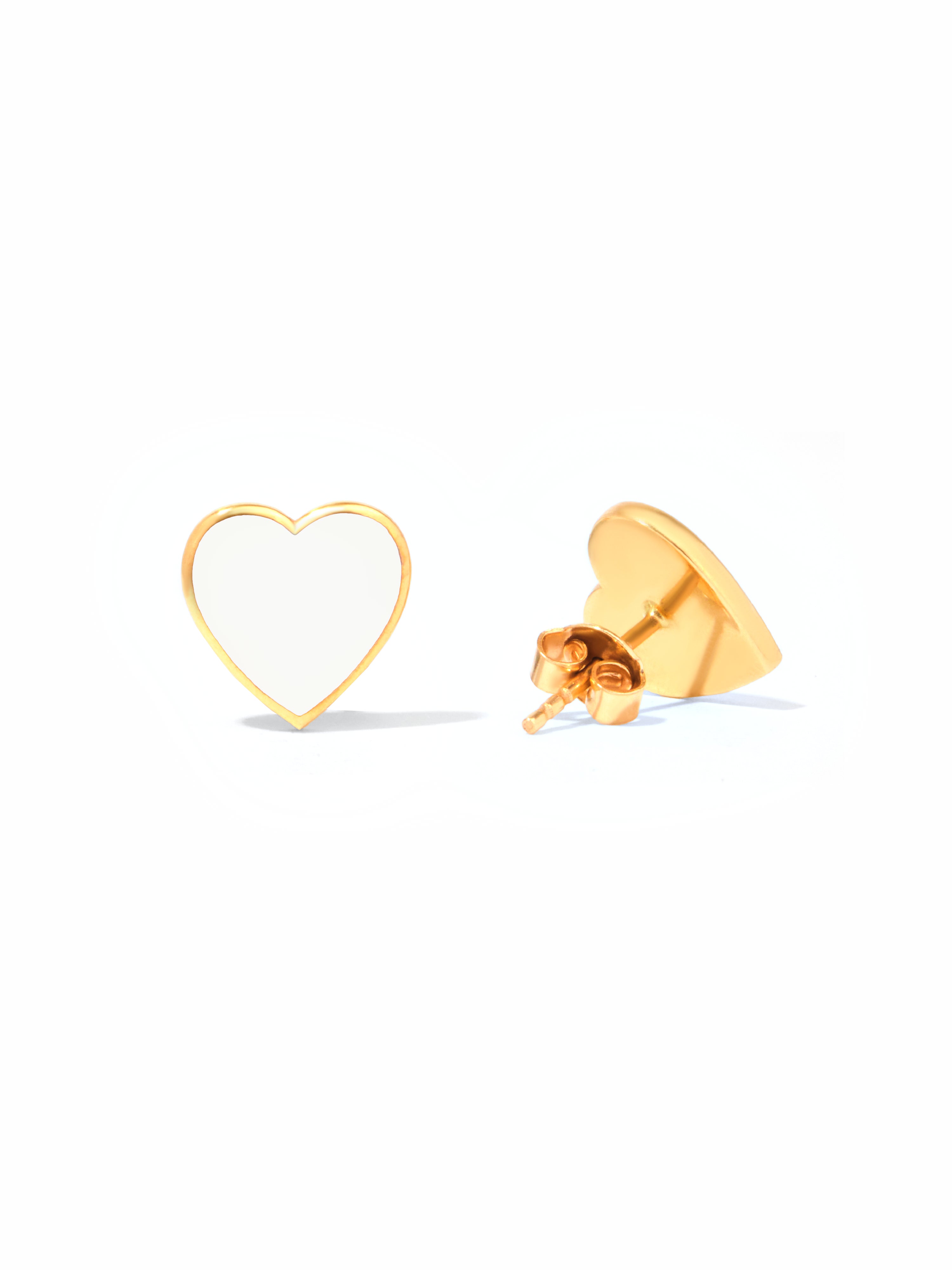 9ct Yellow Gold & Enamel Heart Earrings - White