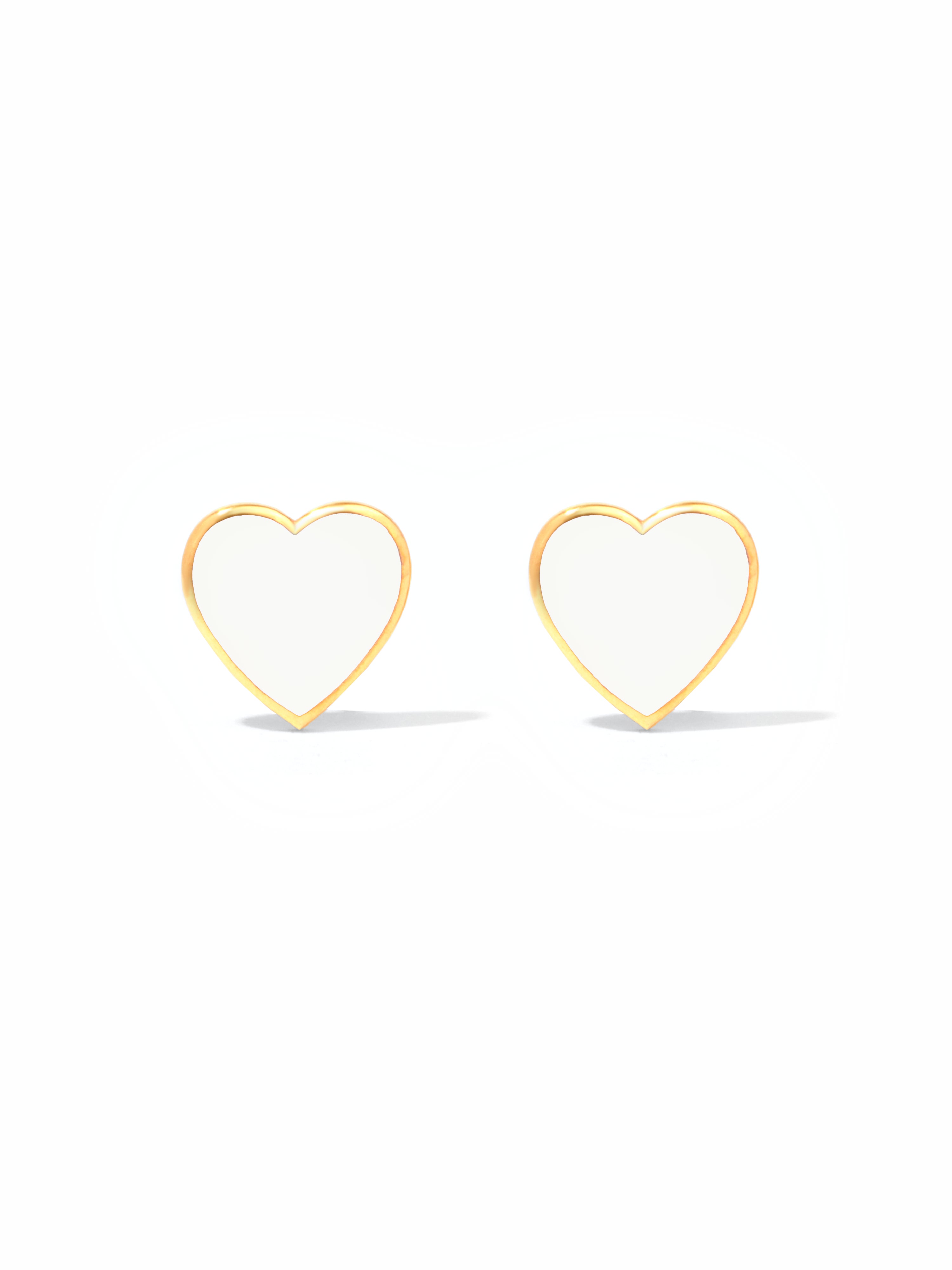 9ct Yellow Gold & Enamel Heart Earrings - White
