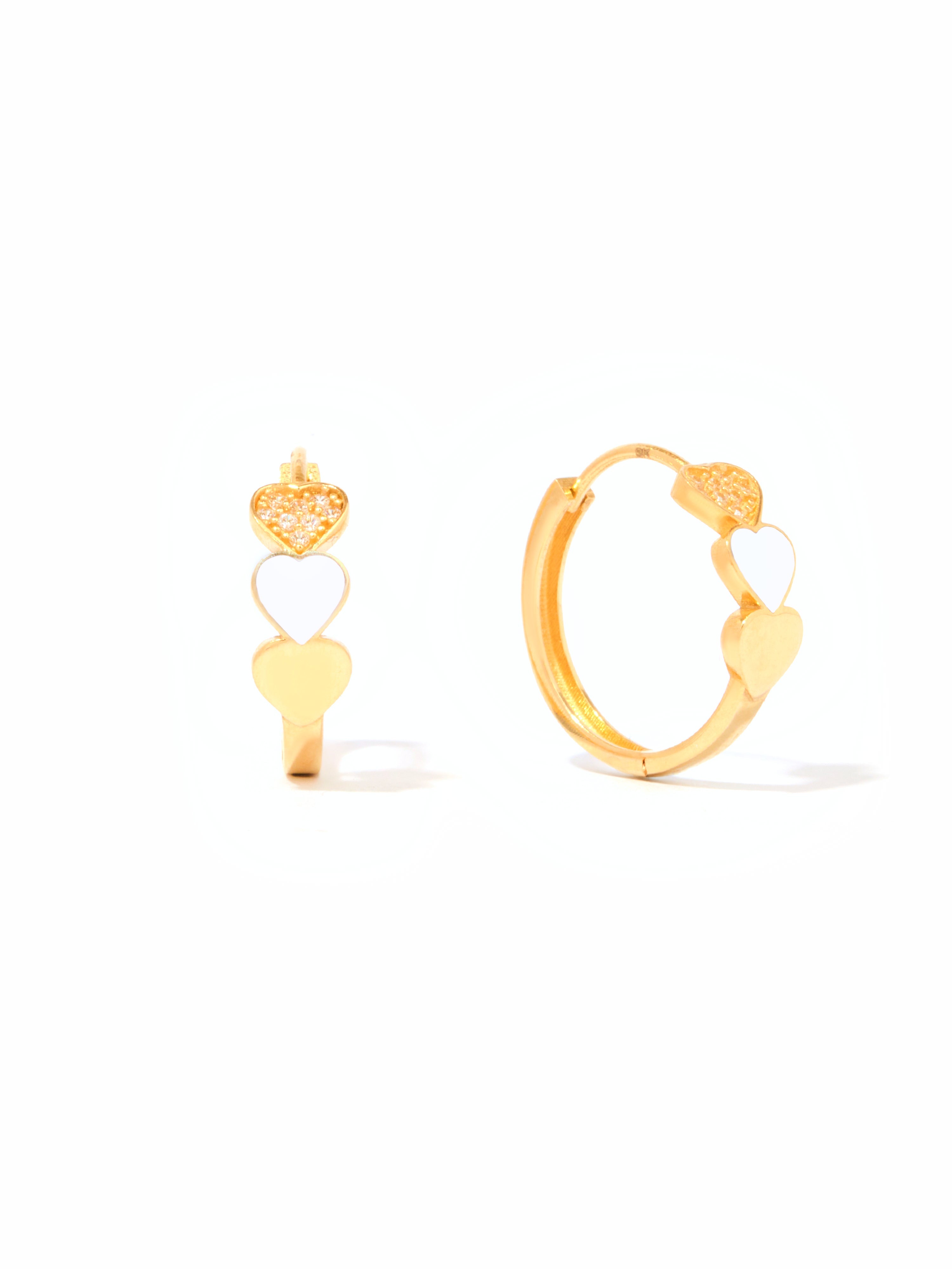 9ct Yellow Gold & Enamel Heart Shaped Huggies - White