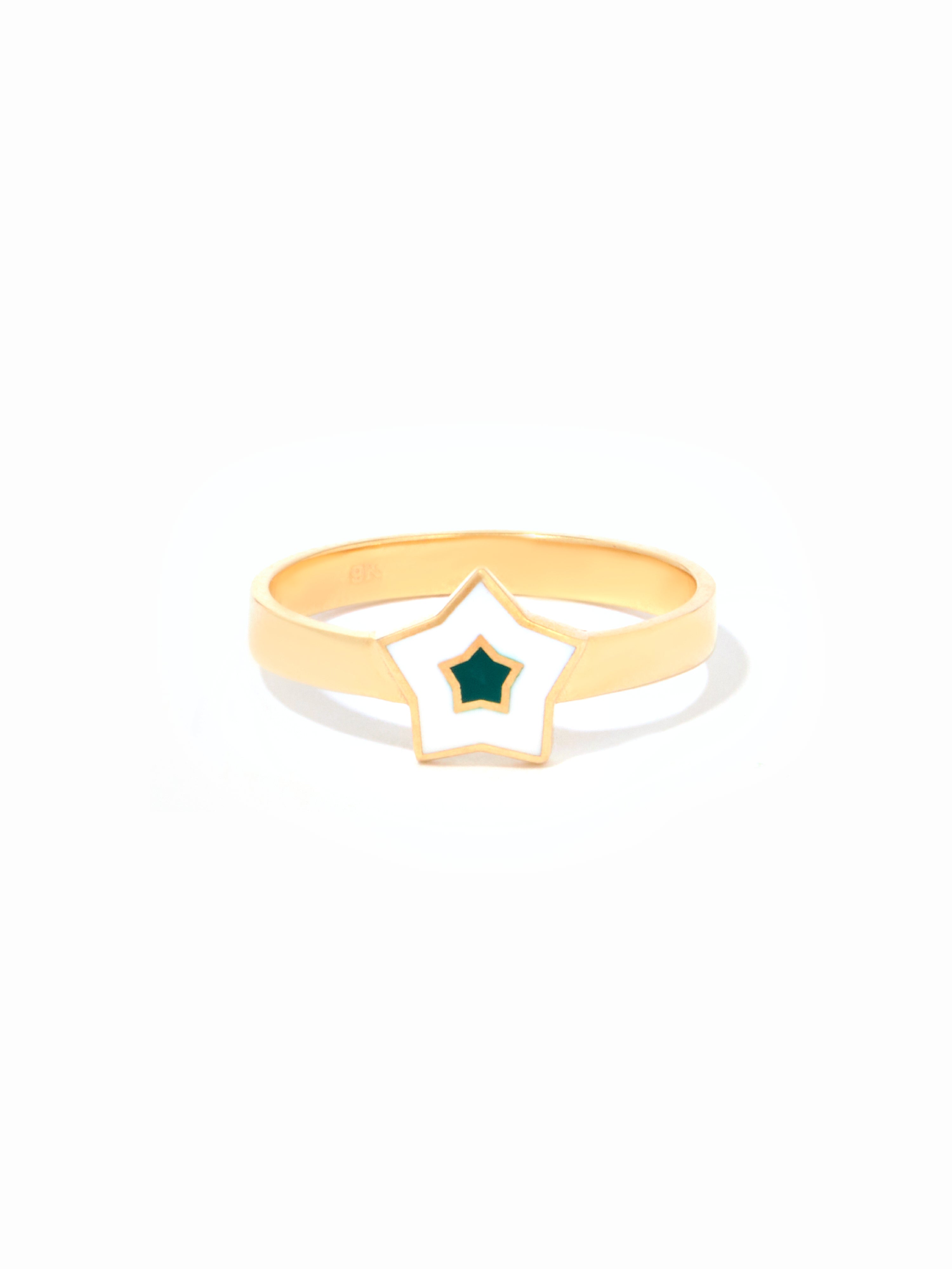 9ct Yellow Gold Star Ring - White & Green