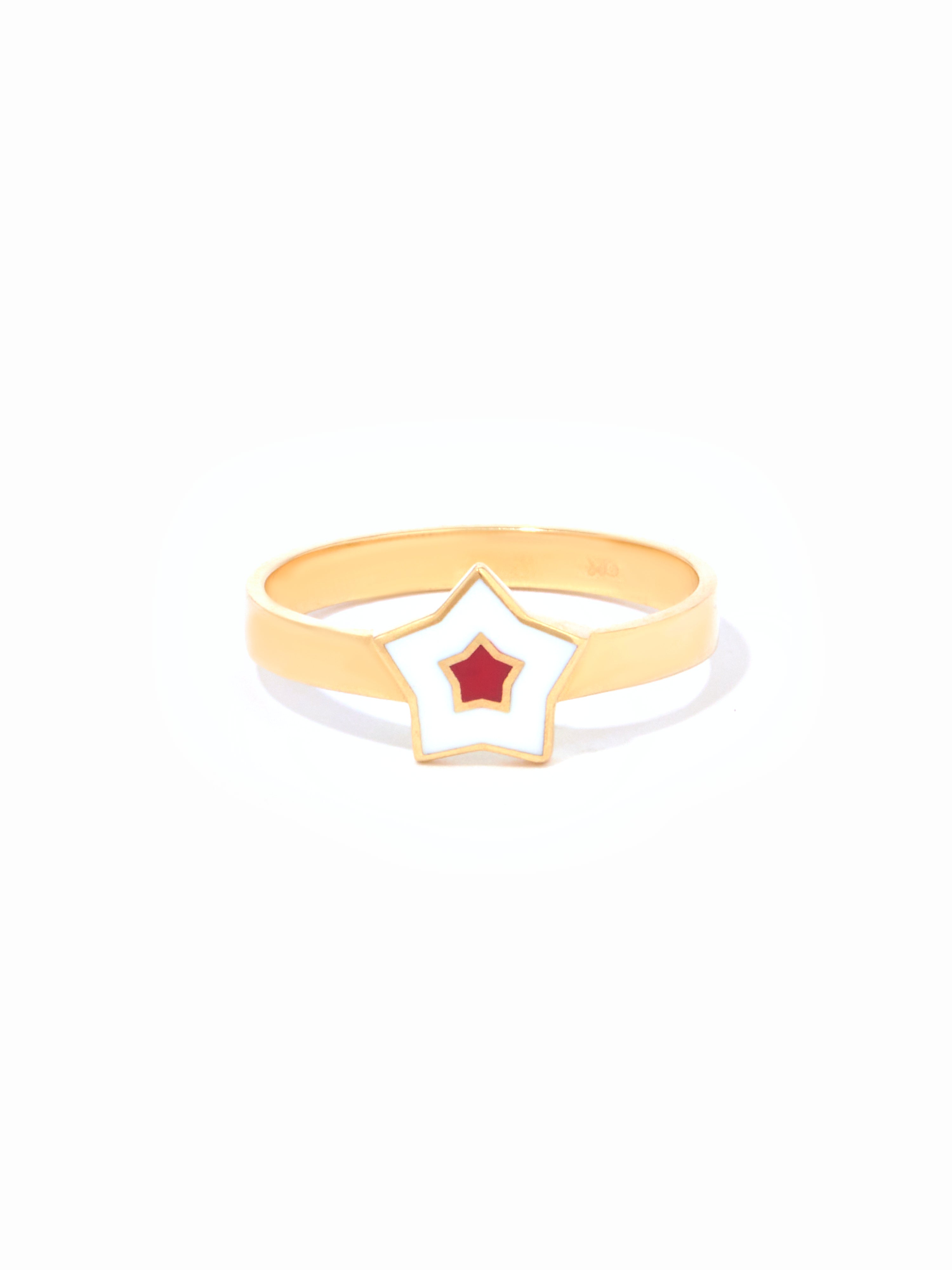 9ct Yellow Gold Star Ring - White & Red