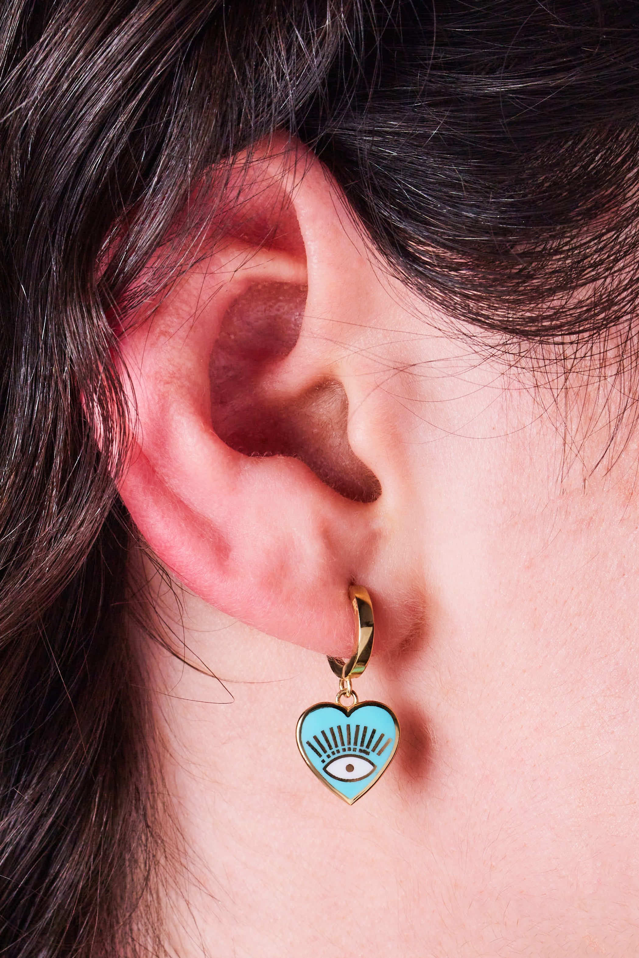 9ct Yellow Gold & Enamel Huggie Heart Earrings - Light Blue
