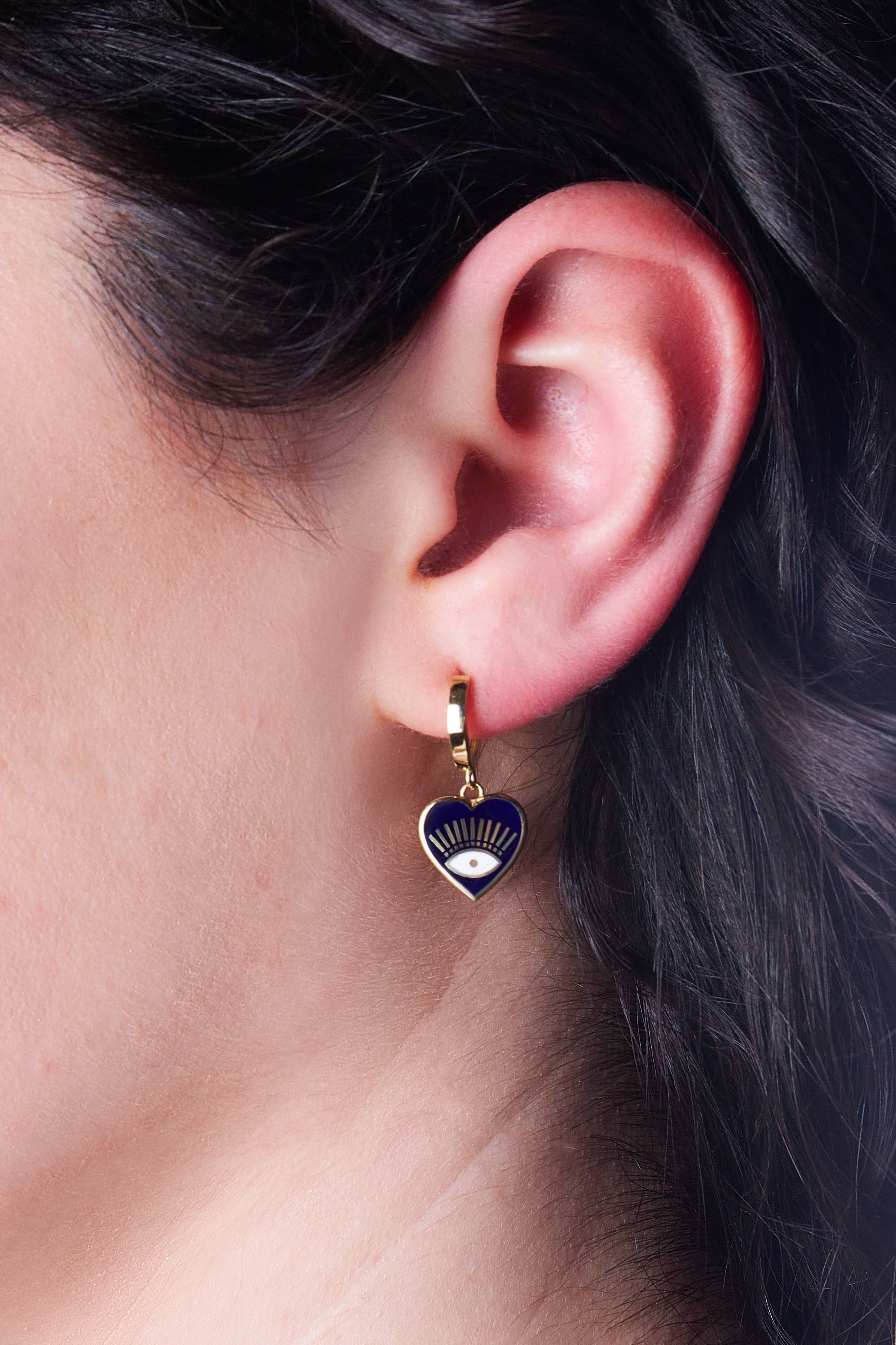9ct Yellow Gold & Enamel Huggie Heart Earrings - Dark Blue