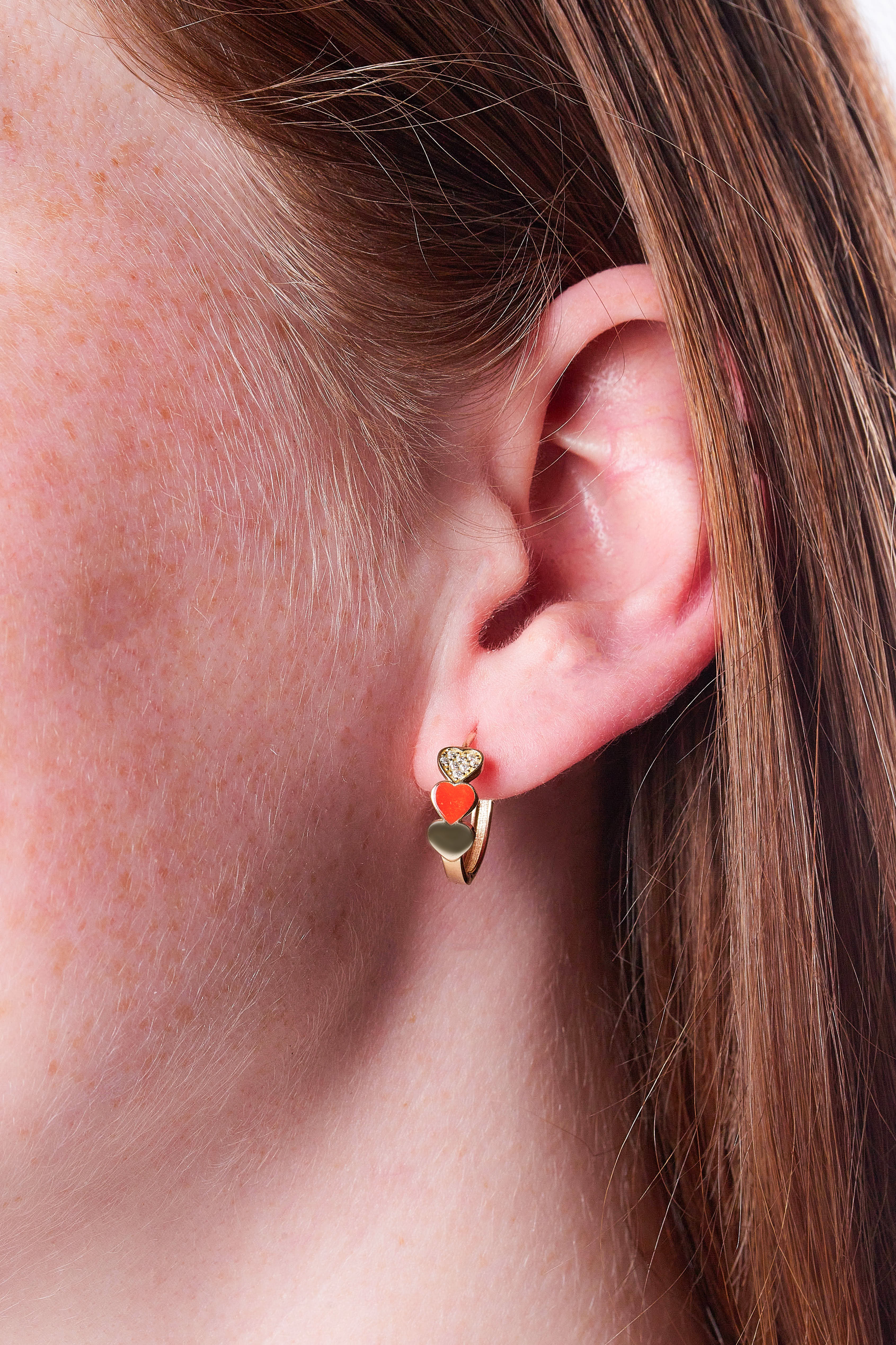 9ct Yellow Gold & Enamel Heart Shaped Huggies - Red